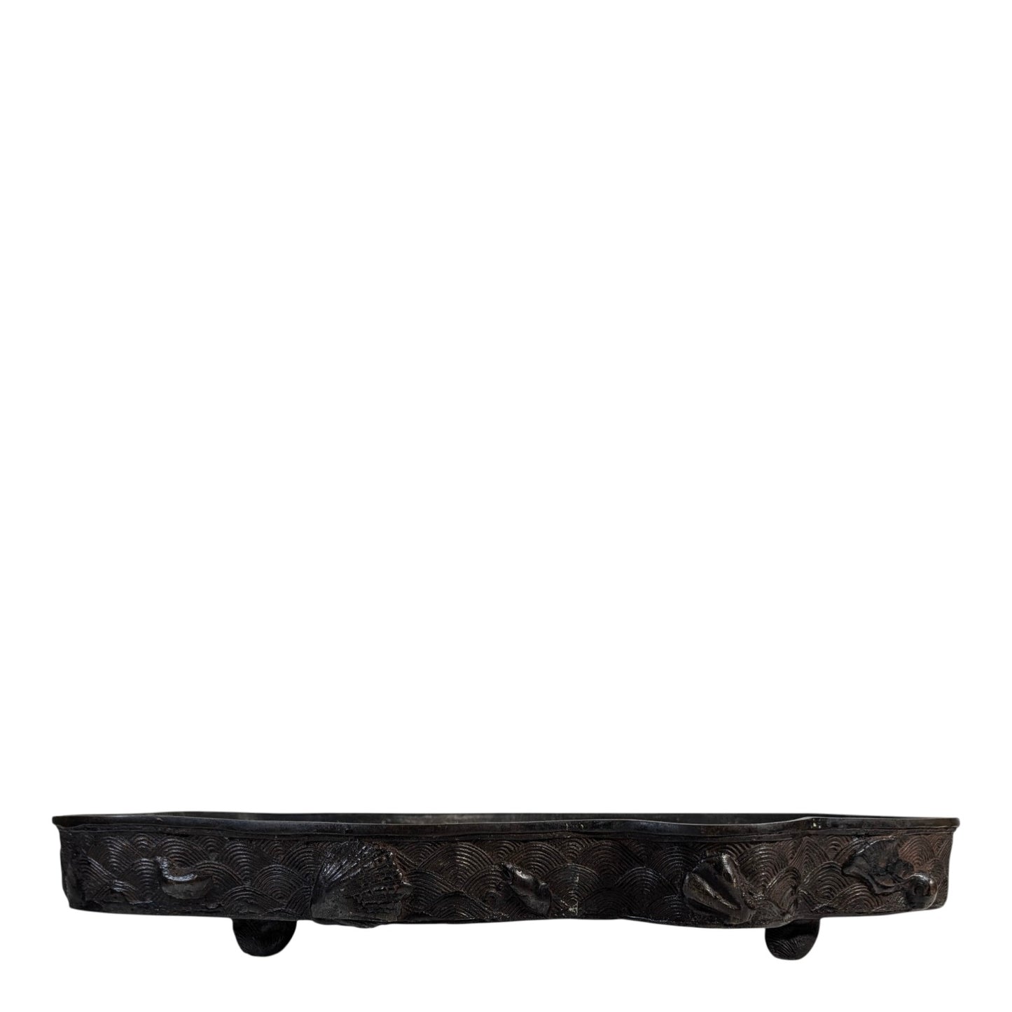 Antique Japanese Meiji Bronze Suiban Tray Fish Motif Seigaiha Wave Pattern Marked 11.5"