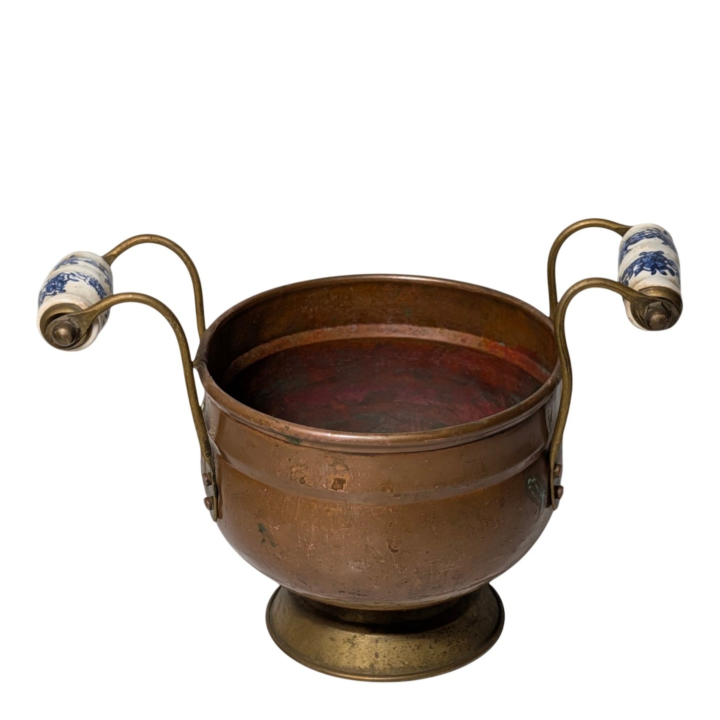 Antique Victorian Copper & Brass Jardiniere Pot w/ Blue & White Delft Style Porcelain Handles