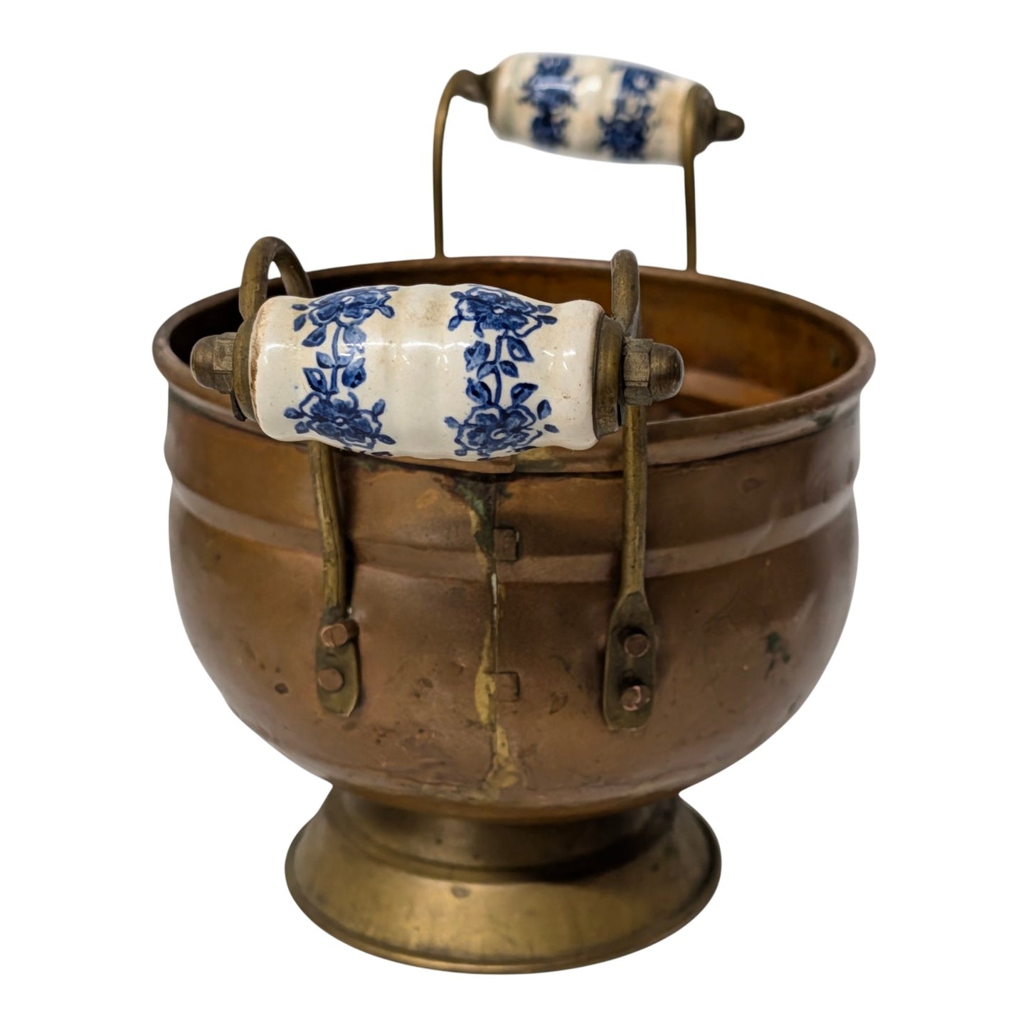 Antique Victorian Copper & Brass Jardiniere Pot w/ Blue & White Delft Style Porcelain Handles
