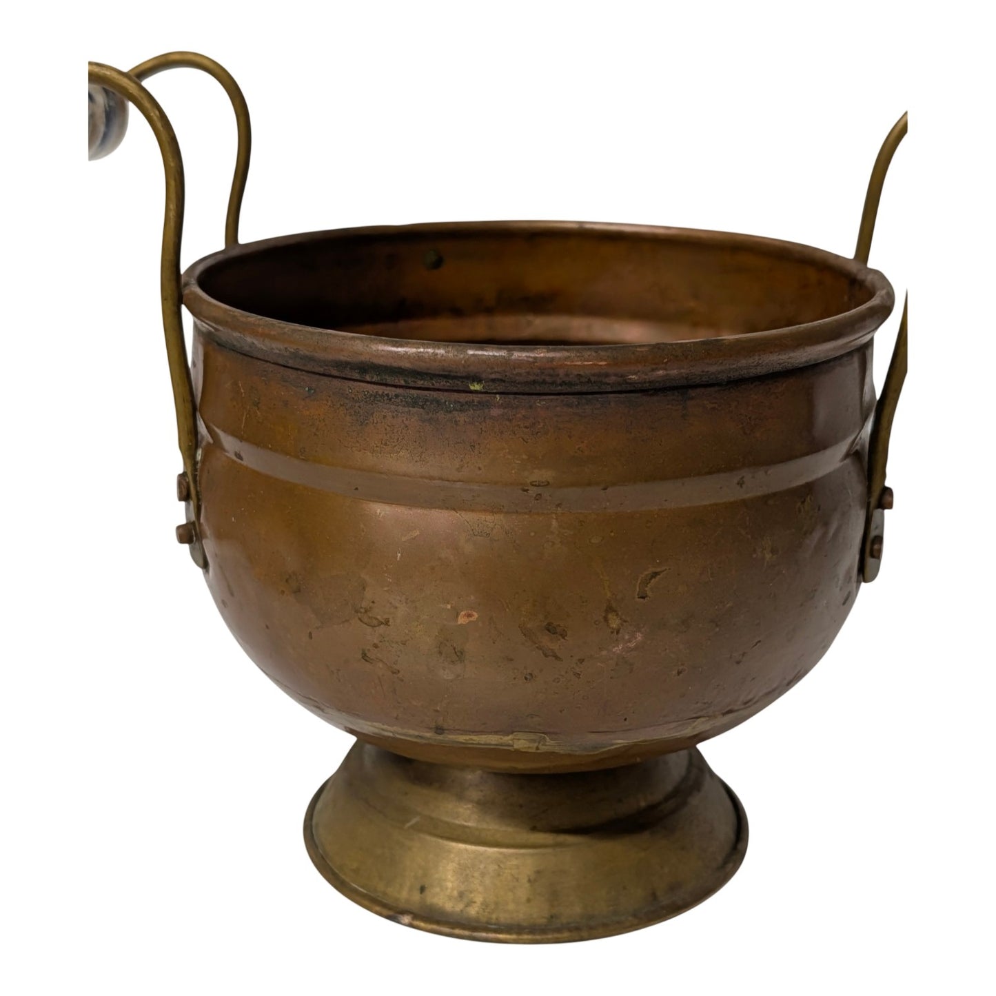Antique Victorian Copper & Brass Jardiniere Pot w/ Blue & White Delft Style Porcelain Handles