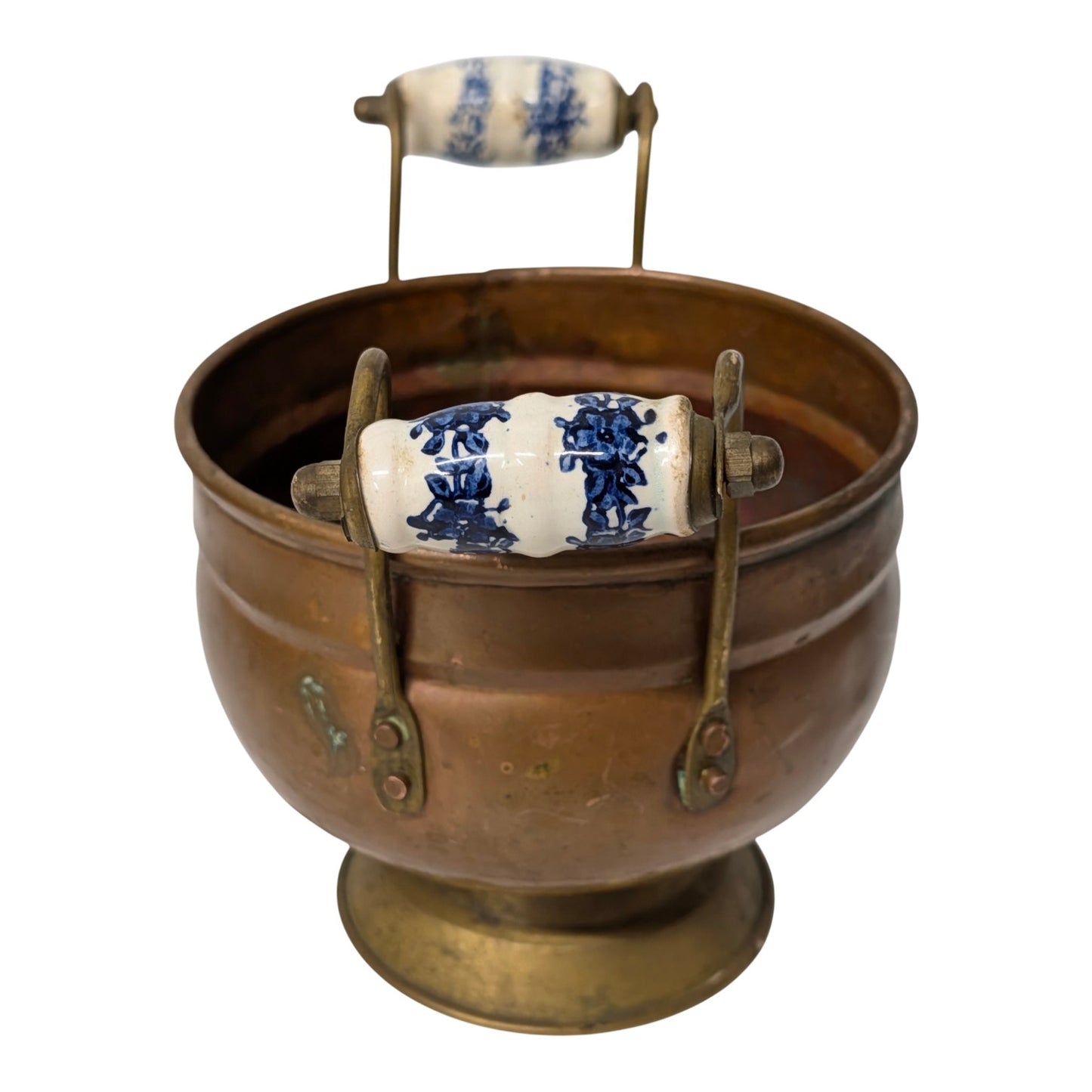 Antique Victorian Copper & Brass Jardiniere Pot w/ Blue & White Delft Style Porcelain Handles