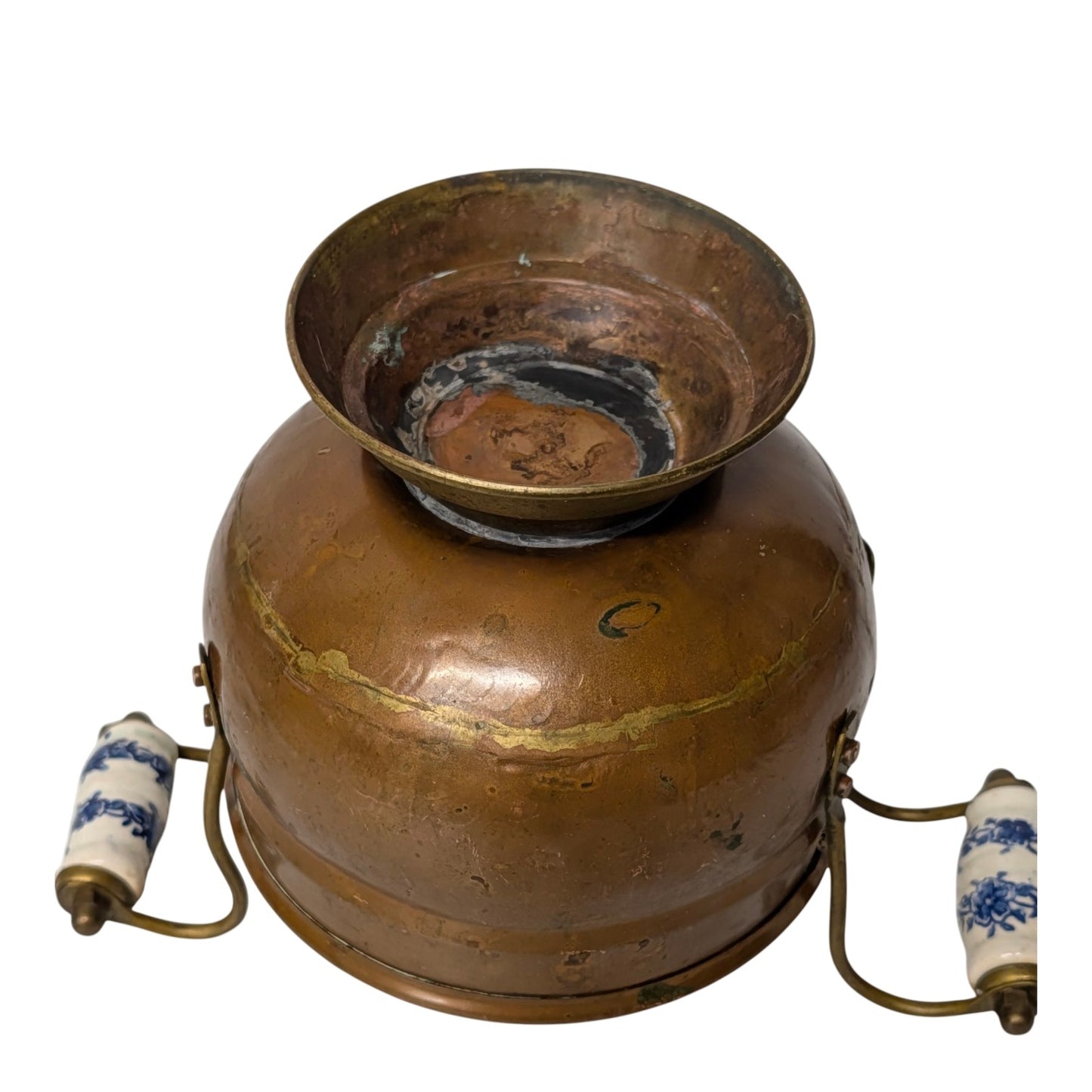 Antique Victorian Copper & Brass Jardiniere Pot w/ Blue & White Delft Style Porcelain Handles