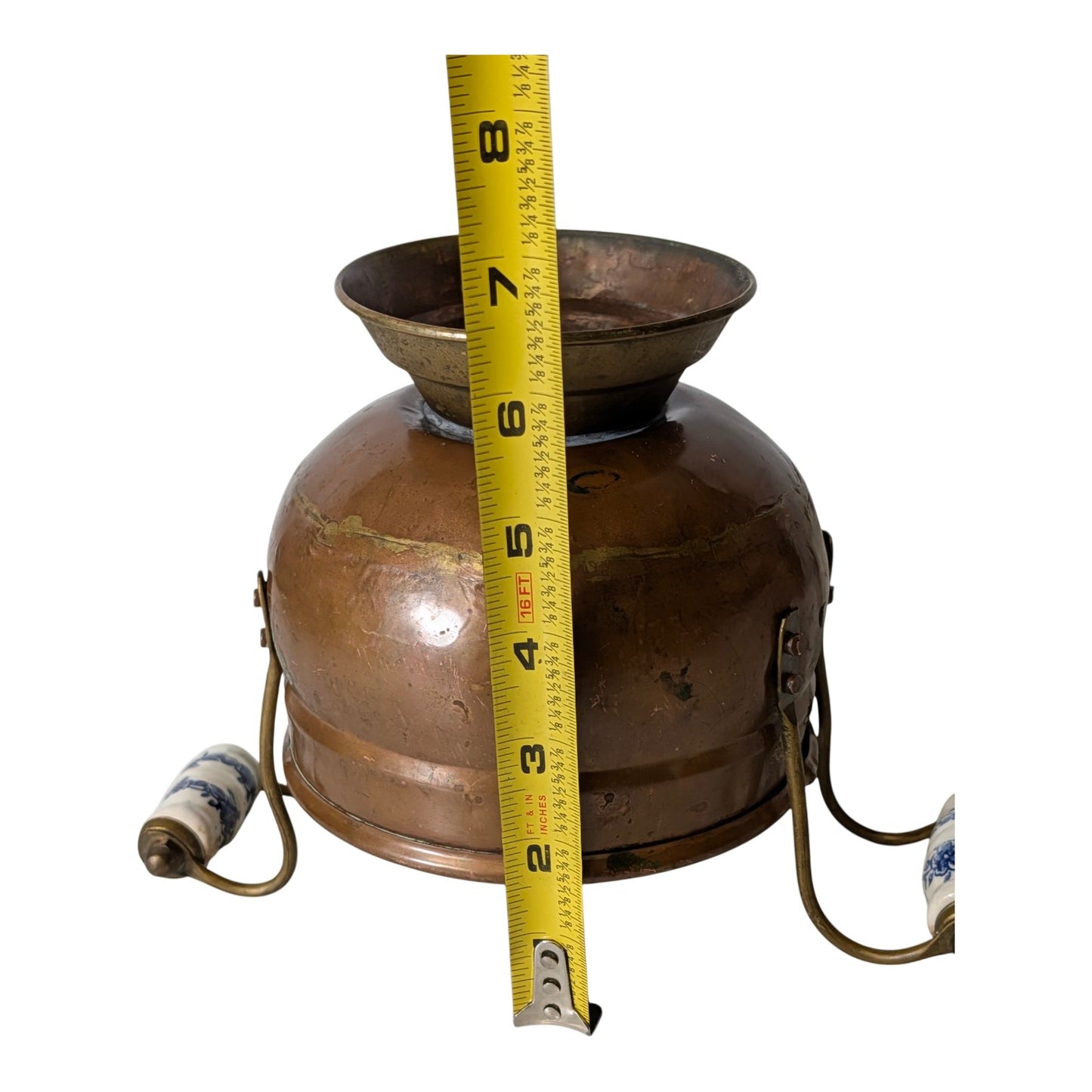 Antique Victorian Copper & Brass Jardiniere Pot w/ Blue & White Delft Style Porcelain Handles