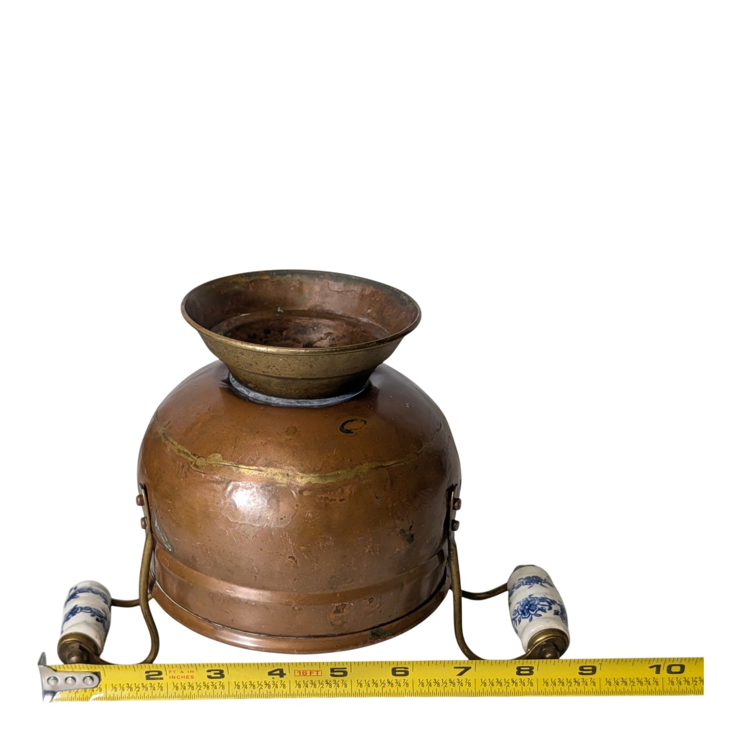 Antique Victorian Copper & Brass Jardiniere Pot w/ Blue & White Delft Style Porcelain Handles