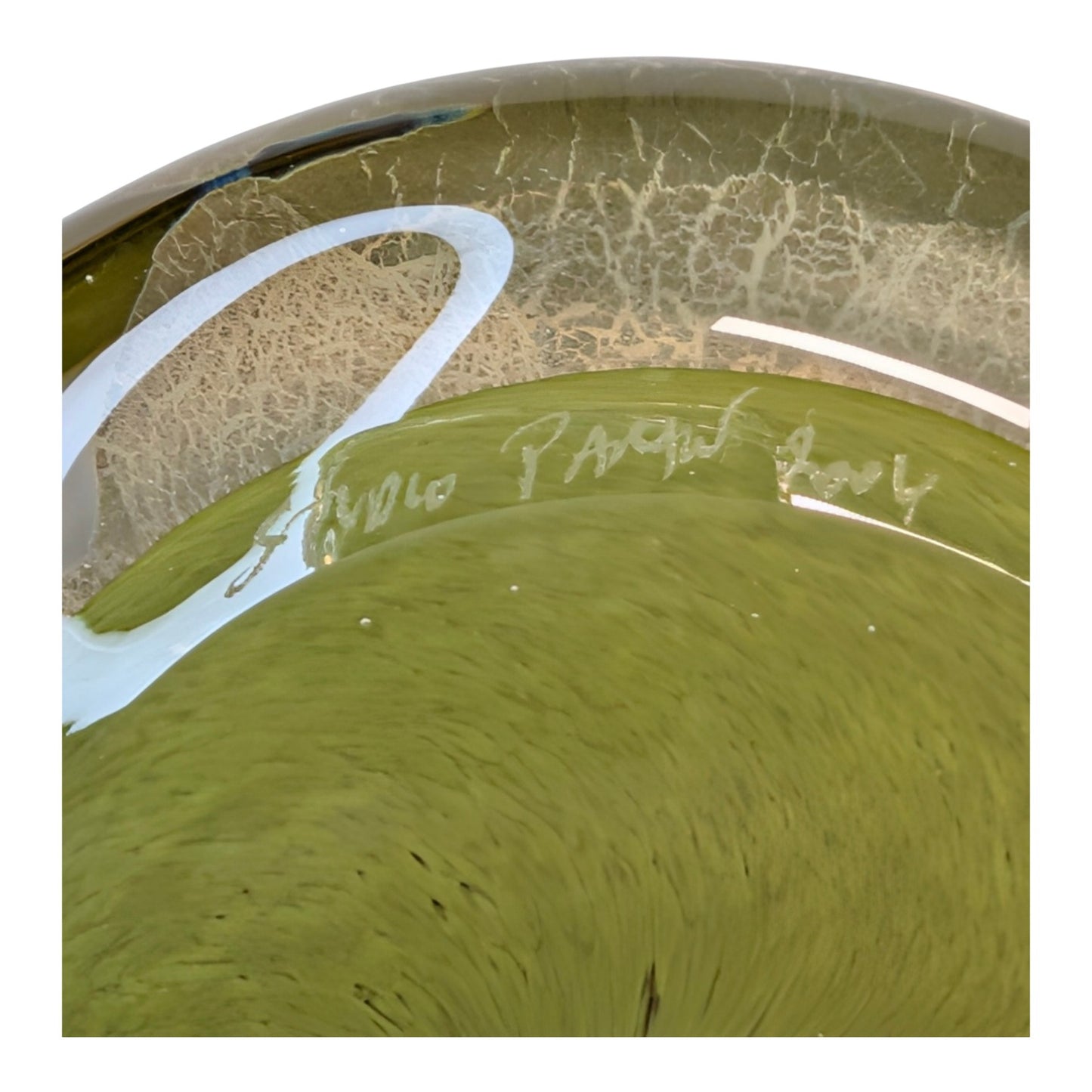 Signed Studio Paran 2004 Art Glass Paperweight Japanese Kanji 道 Tao The Way Green Silver Foil