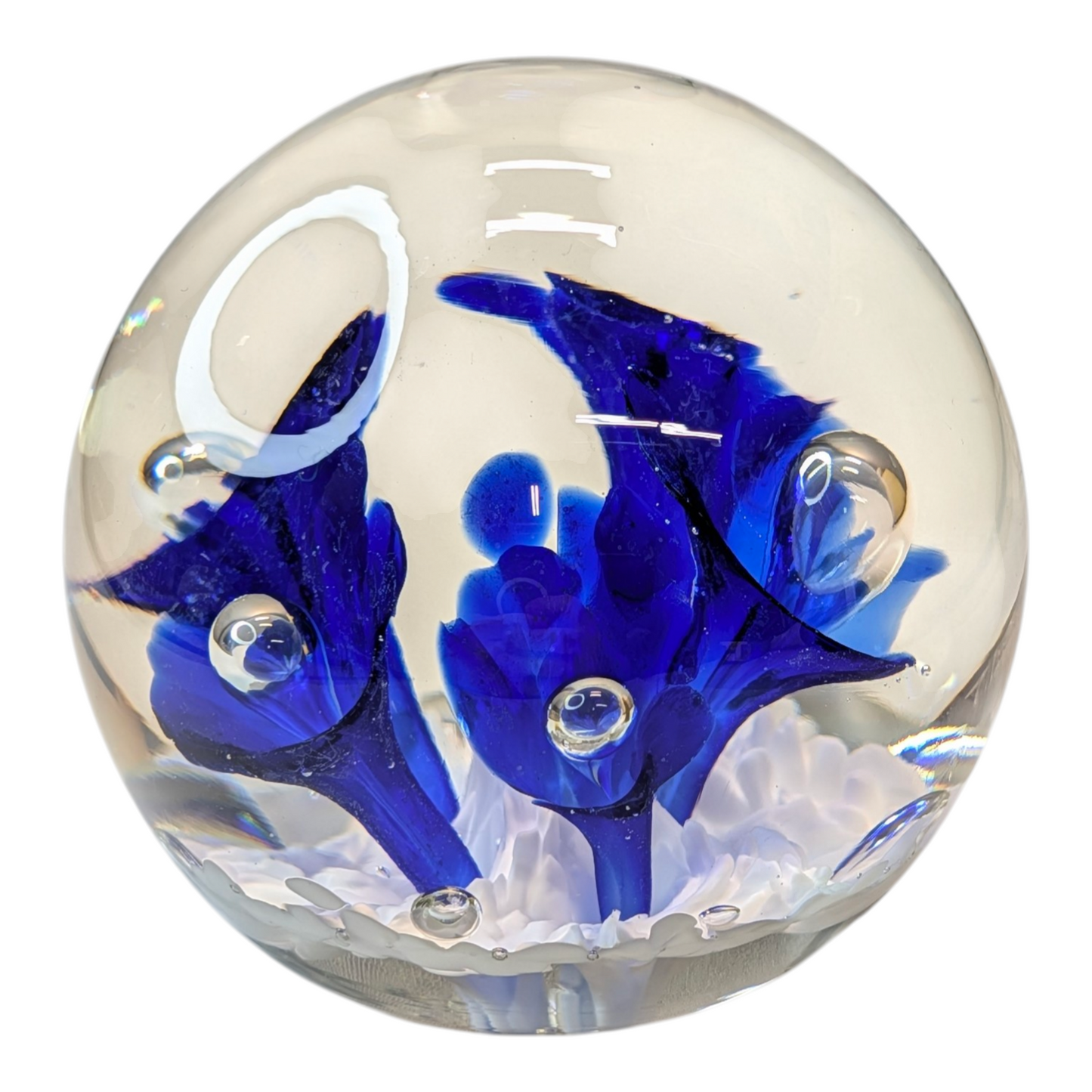 Vintage Signed Bob St. Clair Art Glass Paperweight Cobalt Blue Flowers Controlled Bubble