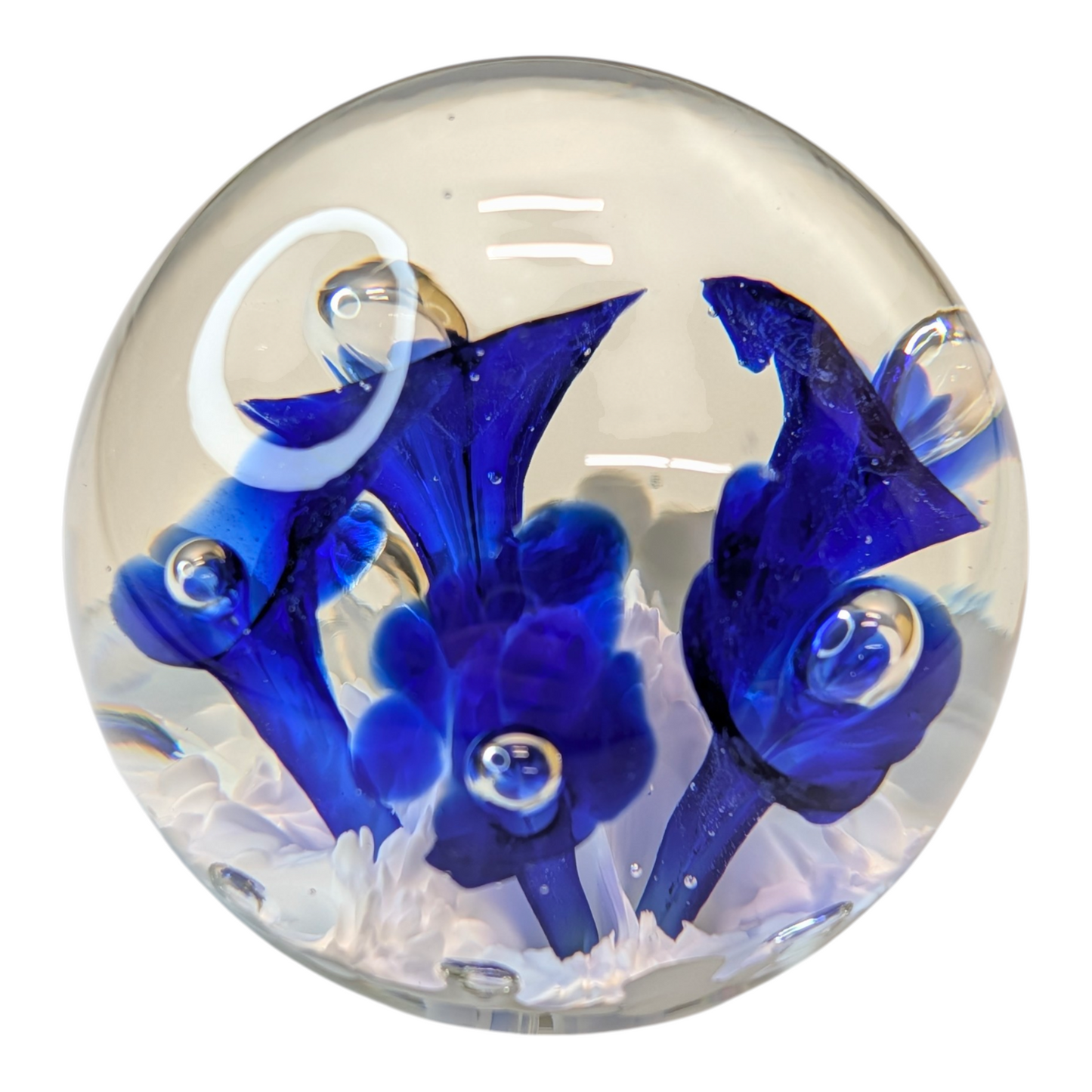 Vintage Signed Bob St. Clair Art Glass Paperweight Cobalt Blue Flowers Controlled Bubble