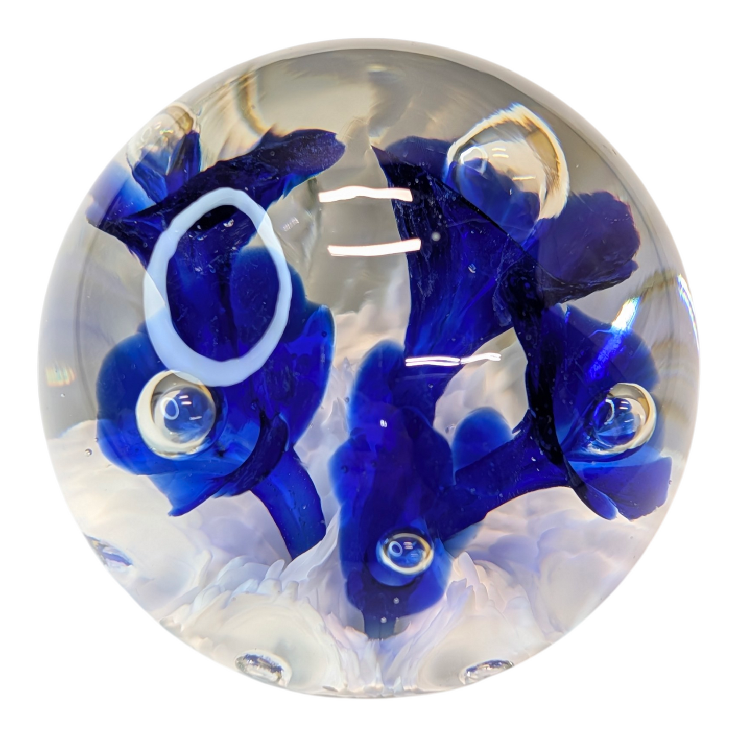 Vintage Signed Bob St. Clair Art Glass Paperweight Cobalt Blue Flowers Controlled Bubble