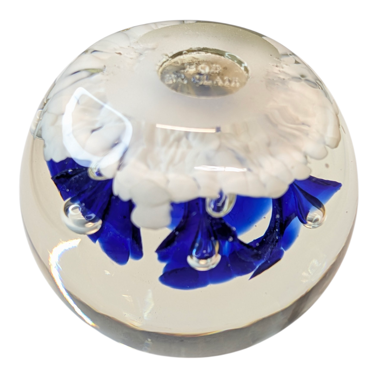 Vintage Signed Bob St. Clair Art Glass Paperweight Cobalt Blue Flowers Controlled Bubble