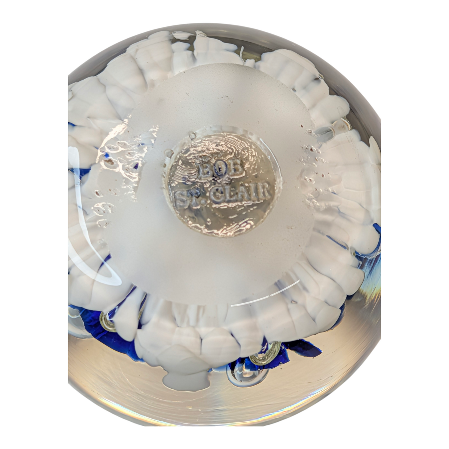 Vintage Signed Bob St. Clair Art Glass Paperweight Cobalt Blue Flowers Controlled Bubble