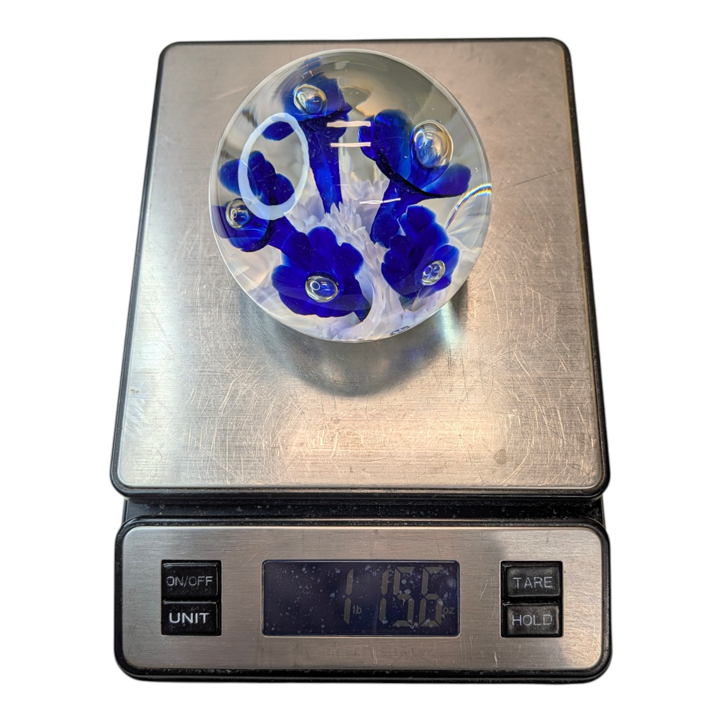 Vintage Signed Bob St. Clair Art Glass Paperweight Cobalt Blue Flowers Controlled Bubble