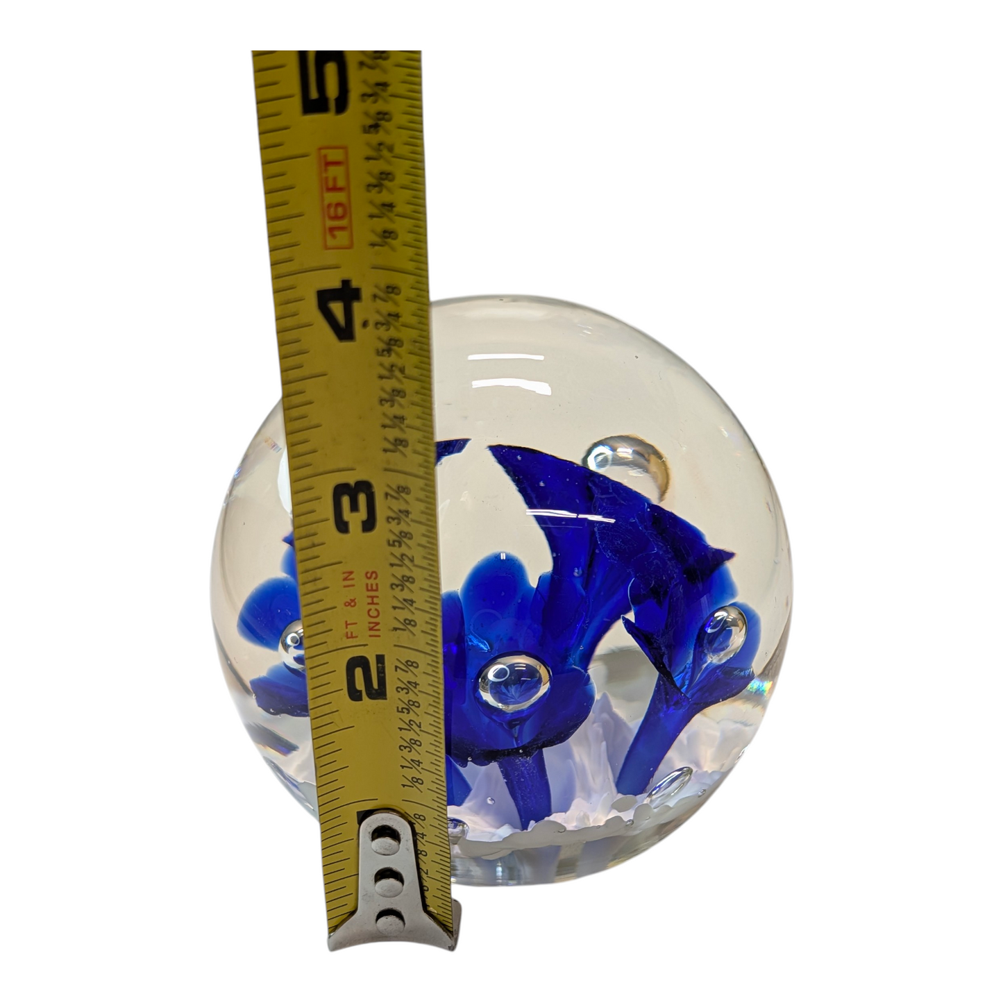 Vintage Signed Bob St. Clair Art Glass Paperweight Cobalt Blue Flowers Controlled Bubble