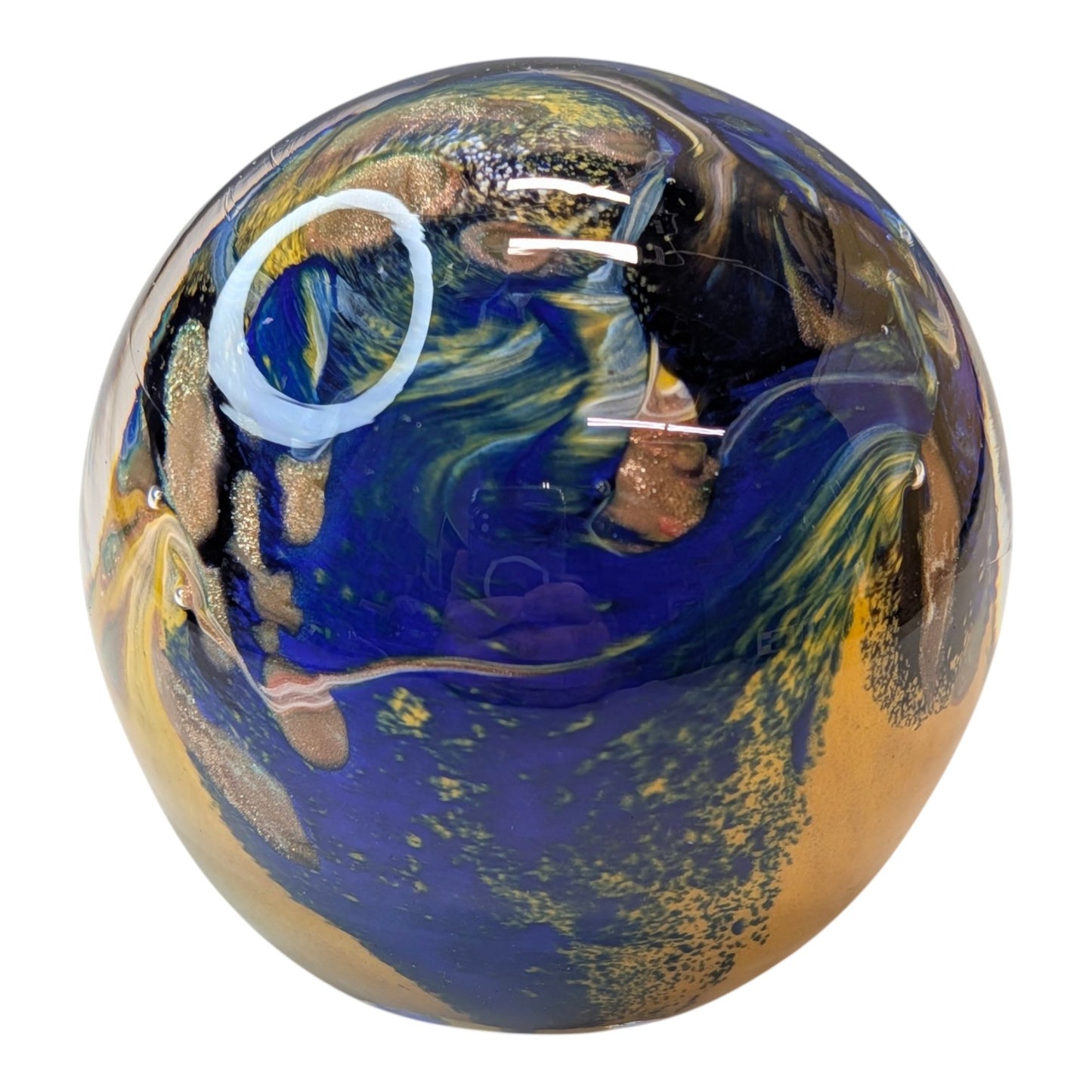 Signed Vesuvio d Art Murano Glass Paperweight Cobalt Blue Gold Swirl Sphere Italian