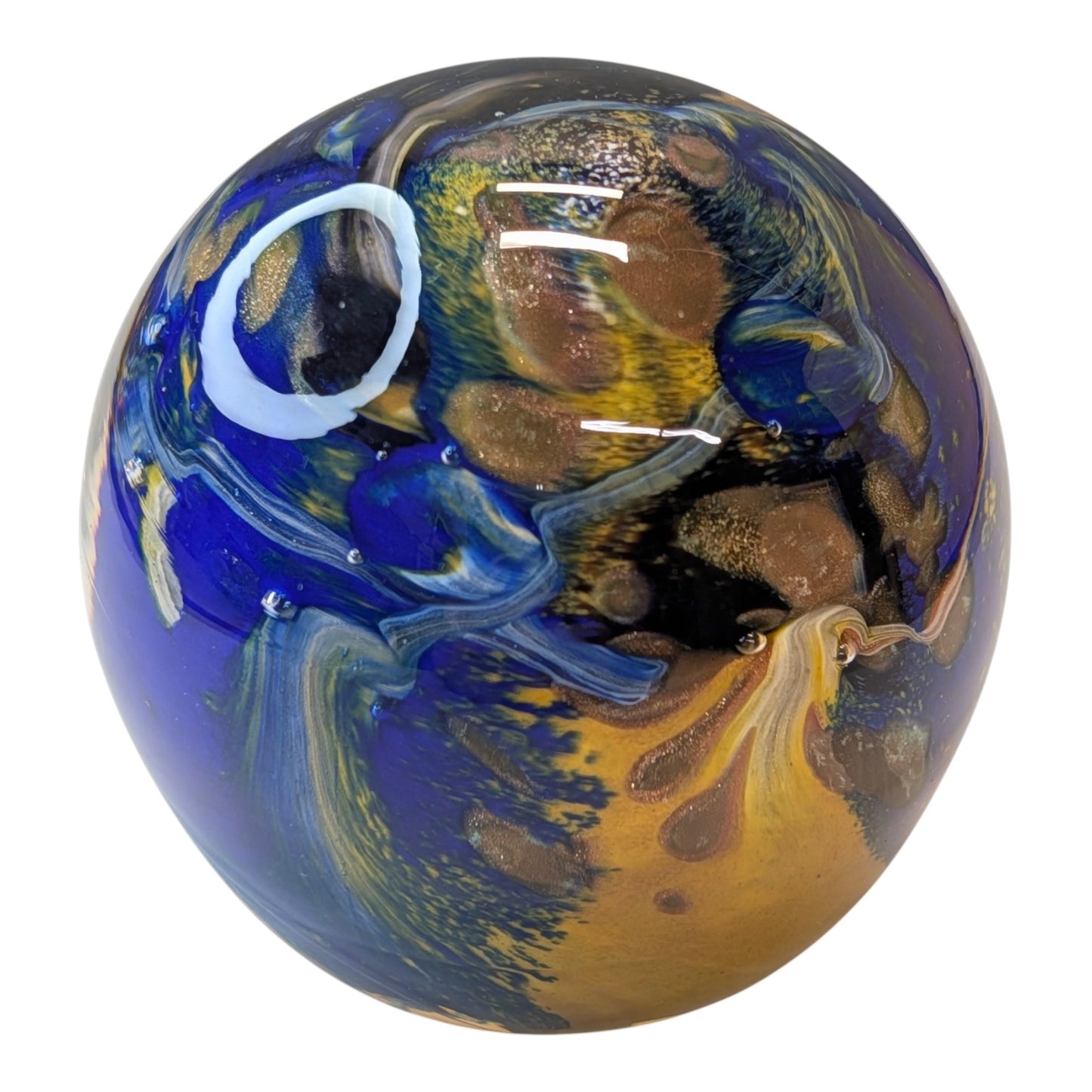 Signed Vesuvio d Art Murano Glass Paperweight Cobalt Blue Gold Swirl Sphere Italian