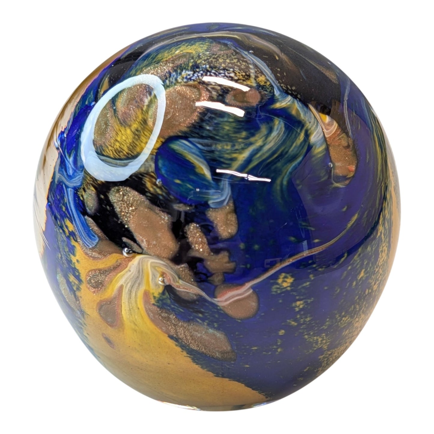Signed Vesuvio d Art Murano Glass Paperweight Cobalt Blue Gold Swirl Sphere Italian