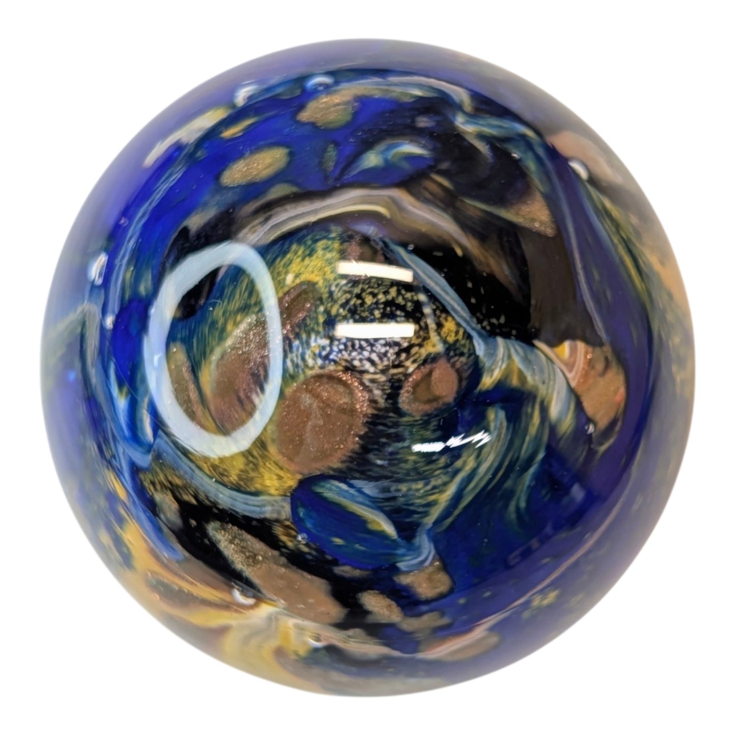 Signed Vesuvio d Art Murano Glass Paperweight Cobalt Blue Gold Swirl Sphere Italian
