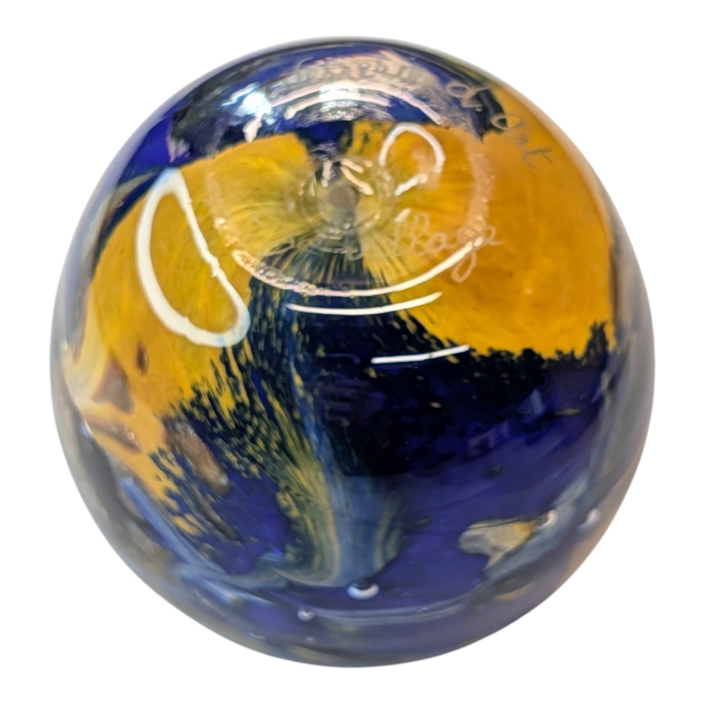 Signed Vesuvio d Art Murano Glass Paperweight Cobalt Blue Gold Swirl Sphere Italian