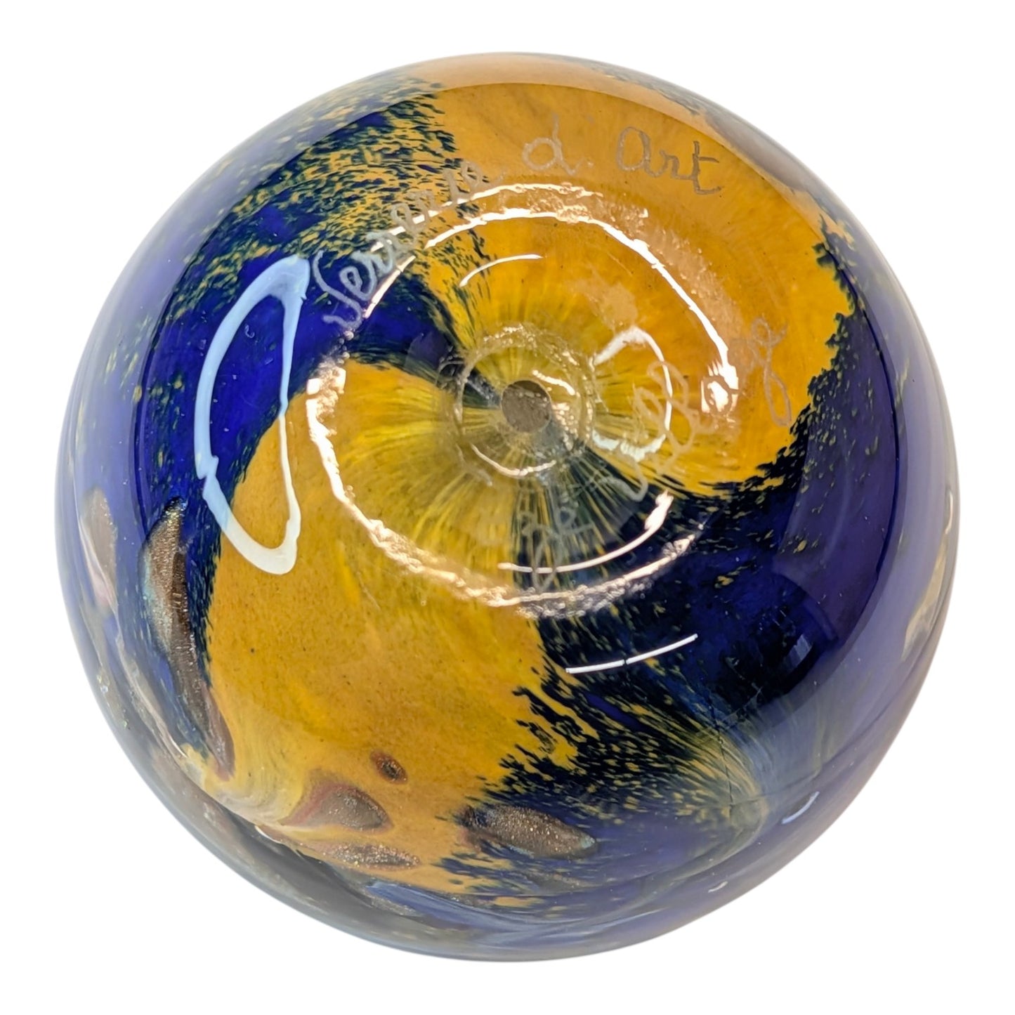 Signed Vesuvio d Art Murano Glass Paperweight Cobalt Blue Gold Swirl Sphere Italian