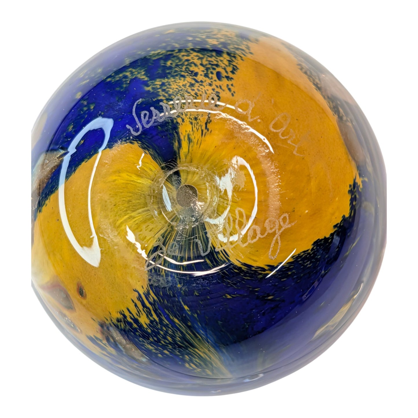 Signed Vesuvio d Art Murano Glass Paperweight Cobalt Blue Gold Swirl Sphere Italian