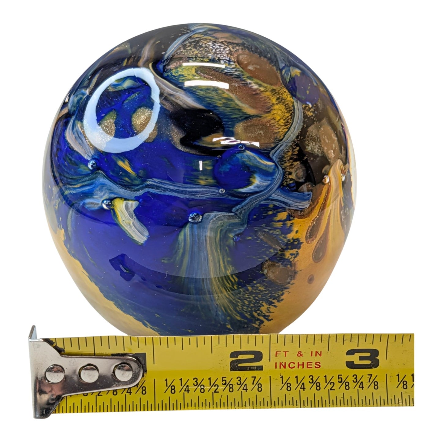 Signed Vesuvio d Art Murano Glass Paperweight Cobalt Blue Gold Swirl Sphere Italian