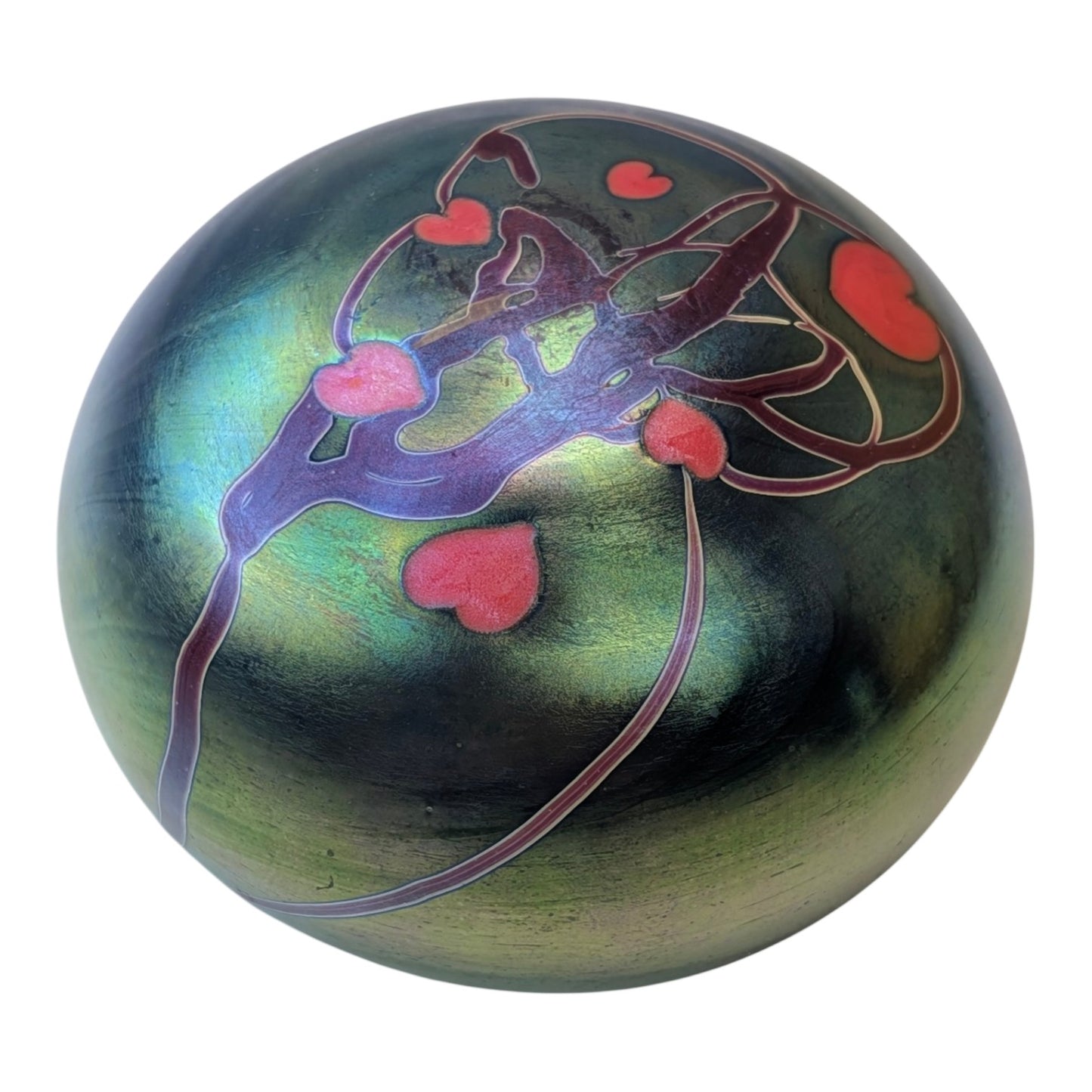 Signed Lundberg Studios Art Glass Paperweight Iridescent Heart Vine Design Vintage 2002
