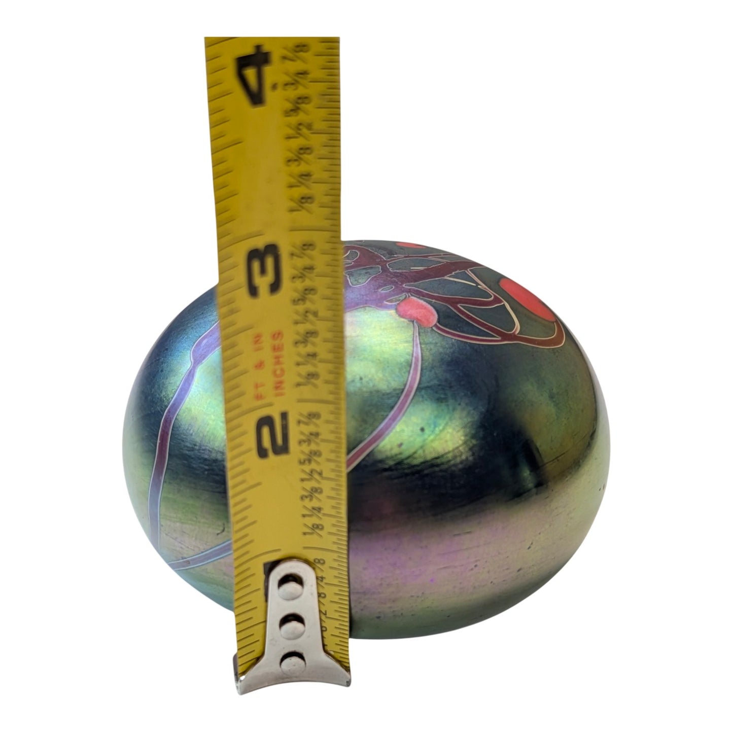 Signed Lundberg Studios Art Glass Paperweight Iridescent Heart Vine Design Vintage 2002
