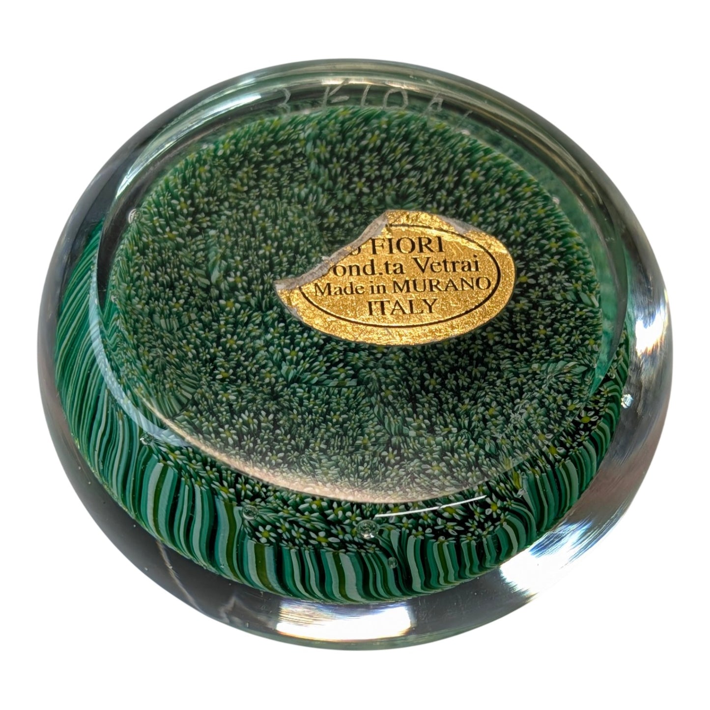 Vintage Murano Millefiori Art Glass Paperweight Green Flower Meadow Italian Desk Decor