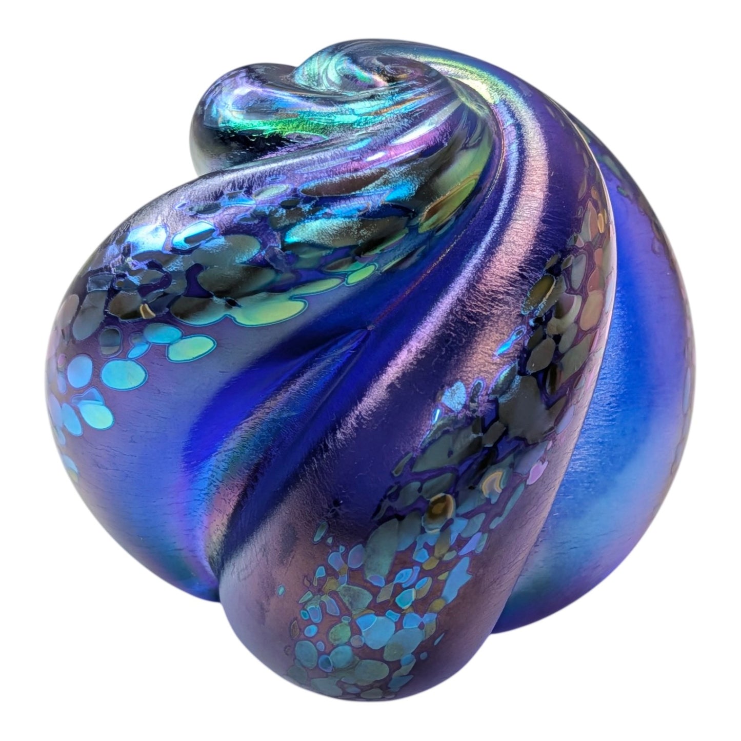 Signed Michael Nourot 2000 Studio Art Glass Paperweight Iridescent Blue Purple Swirl Sculpture