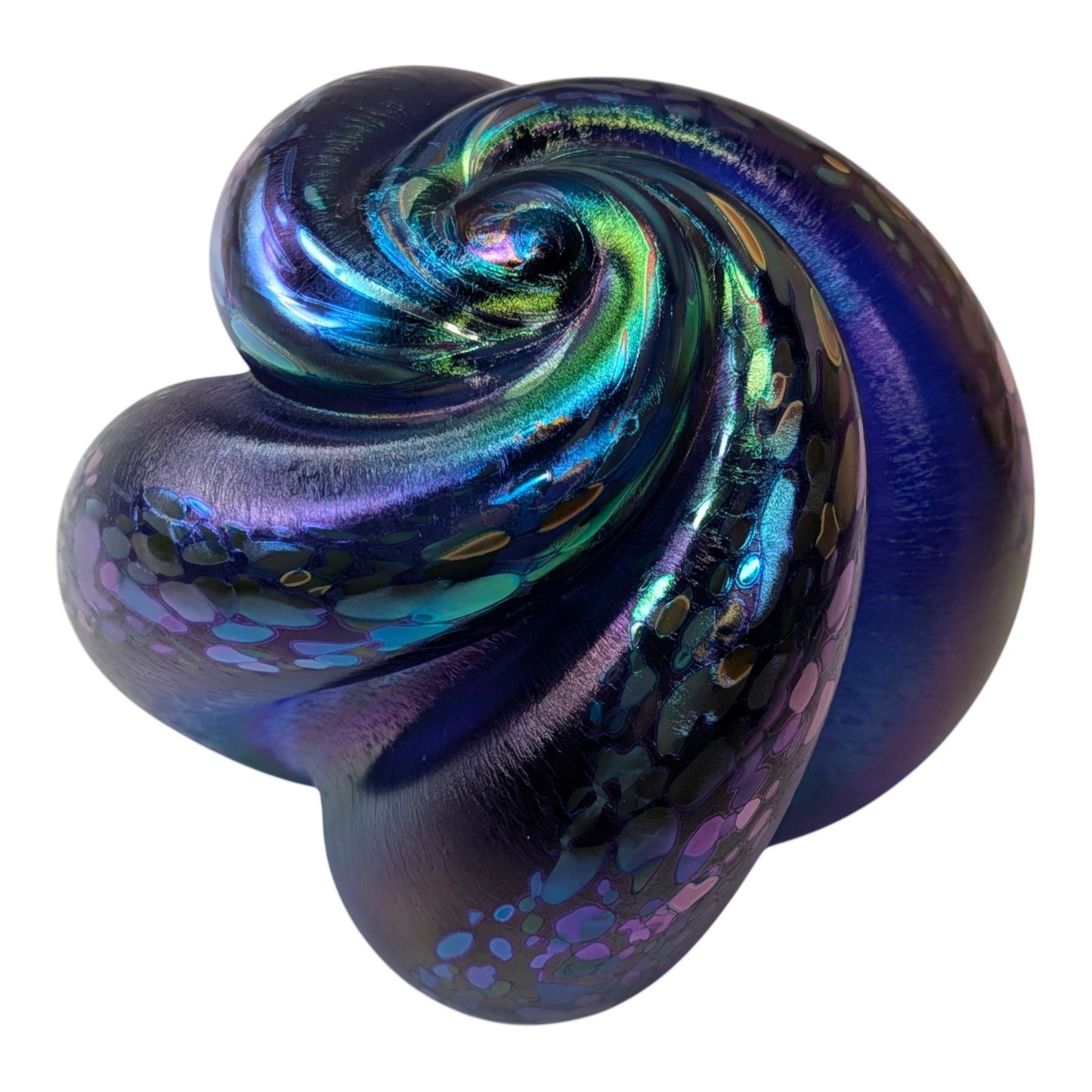 Signed Michael Nourot 2000 Studio Art Glass Paperweight Iridescent Blue Purple Swirl Sculpture