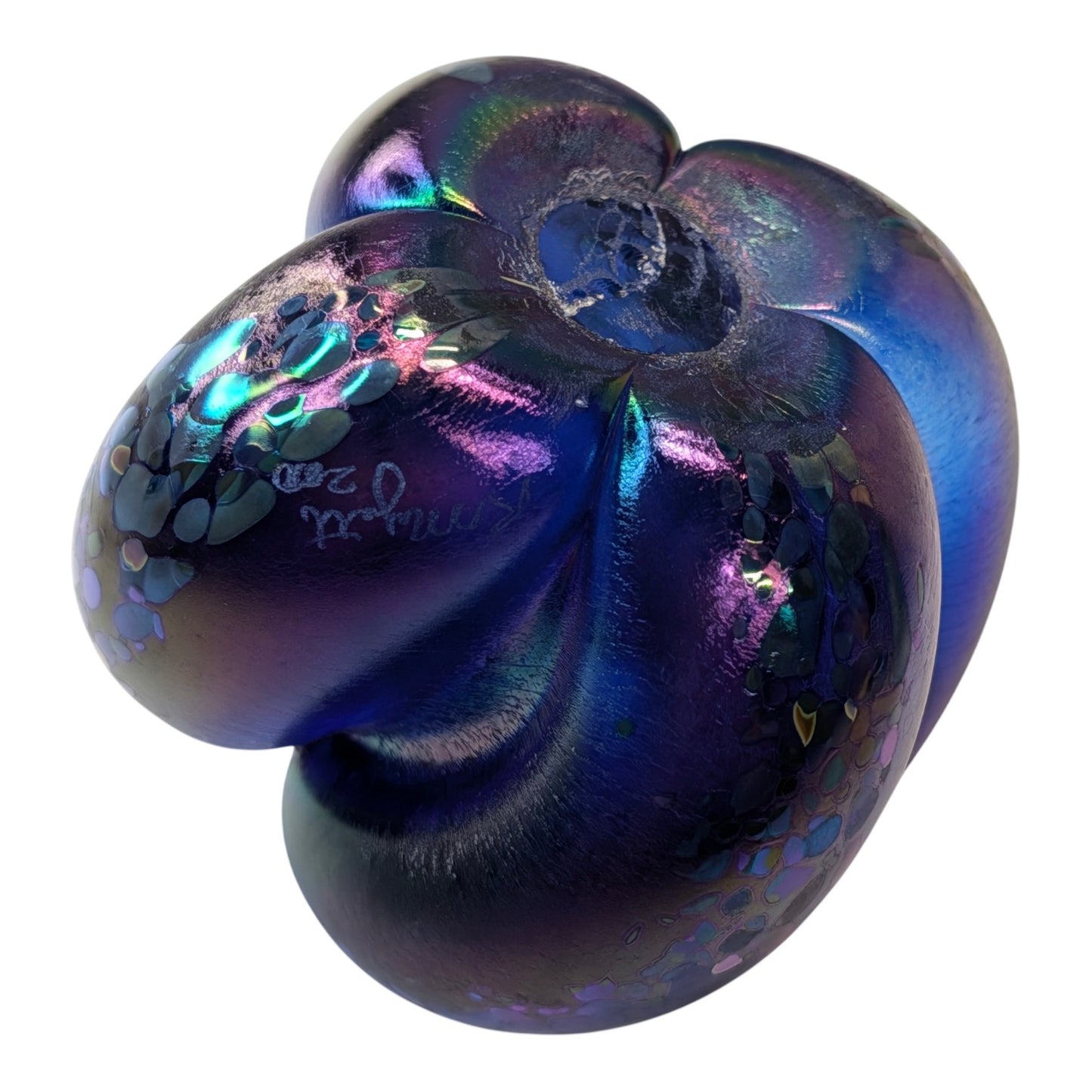 Signed Michael Nourot 2000 Studio Art Glass Paperweight Iridescent Blue Purple Swirl Sculpture