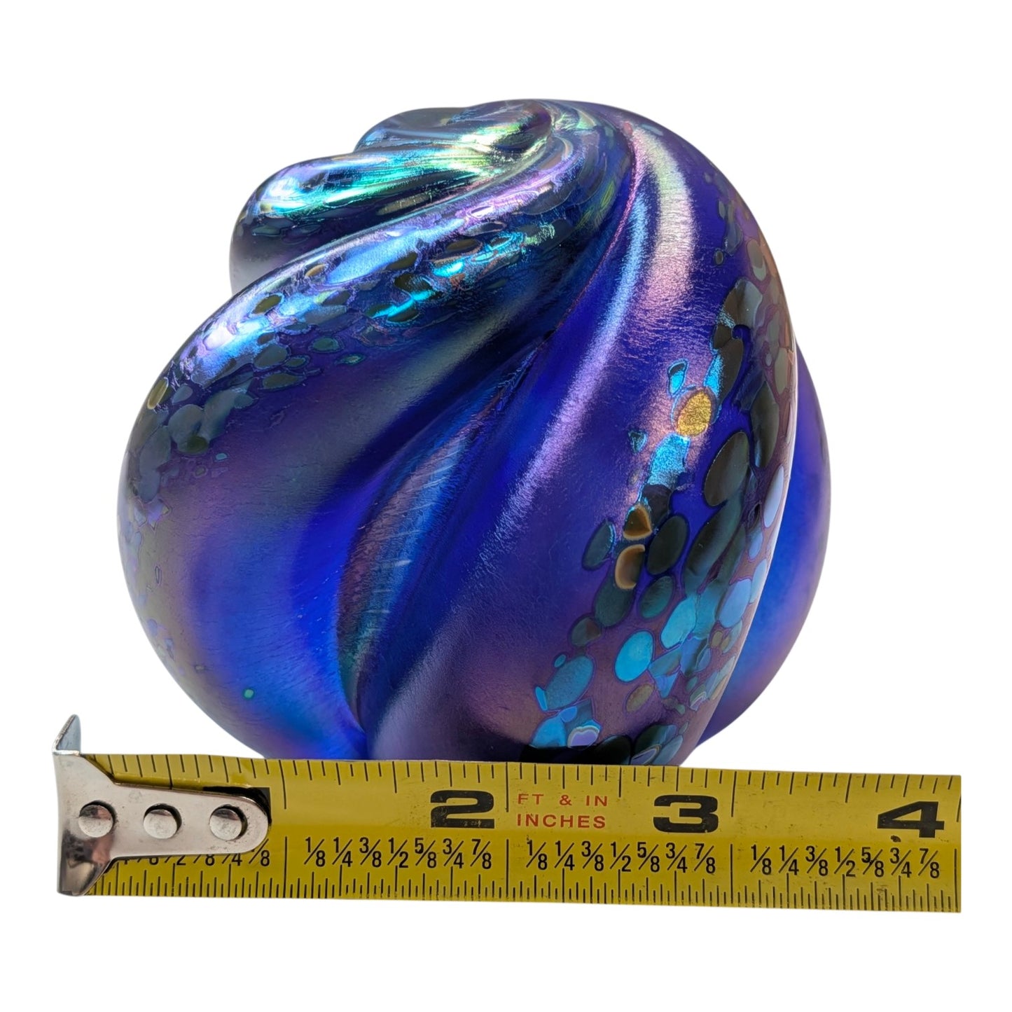Signed Michael Nourot 2000 Studio Art Glass Paperweight Iridescent Blue Purple Swirl Sculpture