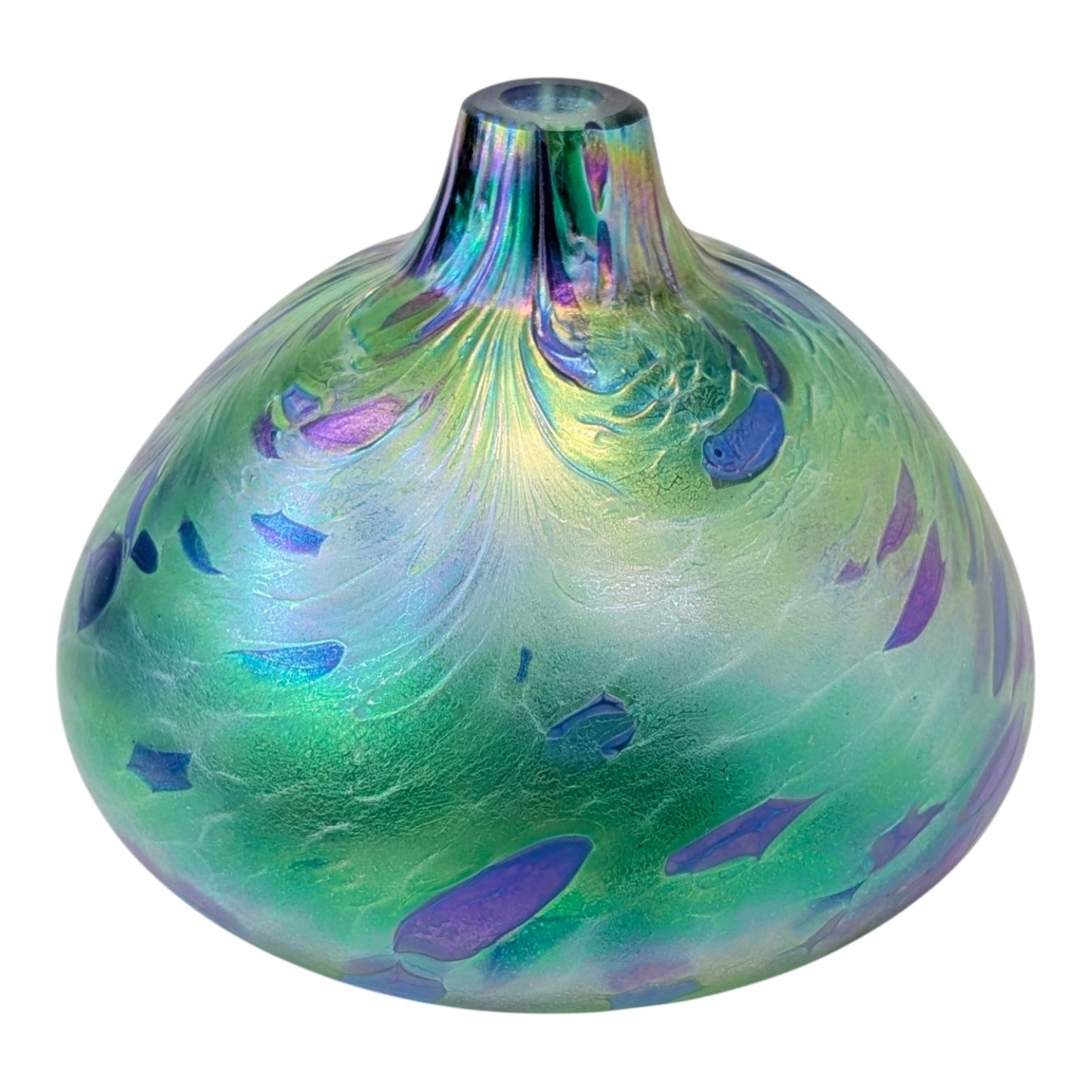 Signed NUANCE 2000 Studio Art Glass Vase Iridescent Green Purple Pulled Feather Robert Held