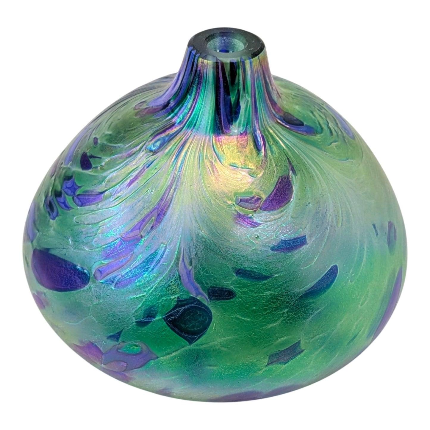 Signed NUANCE 2000 Studio Art Glass Vase Iridescent Green Purple Pulled Feather Robert Held
