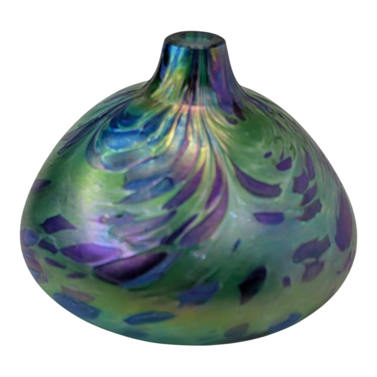 Signed NUANCE 2000 Studio Art Glass Vase Iridescent Green Purple Pulled Feather Robert Held