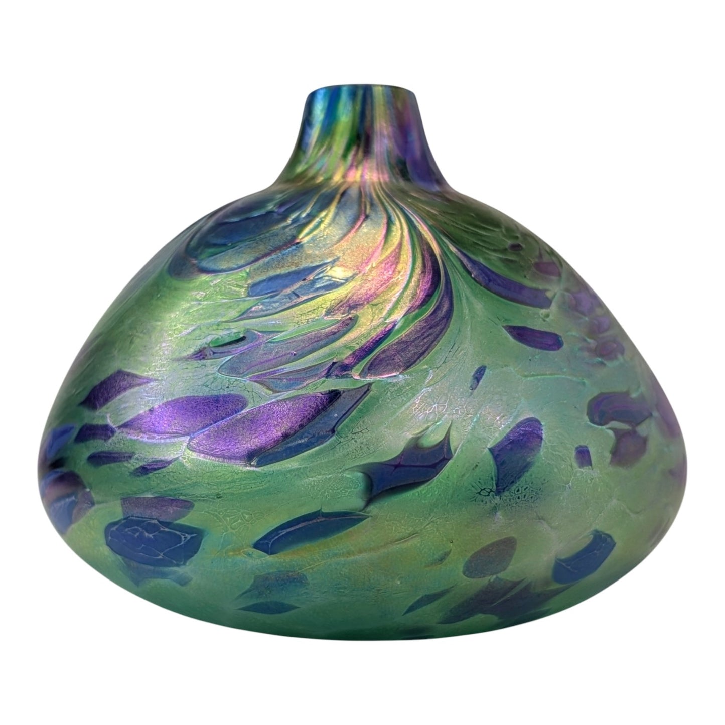 Signed NUANCE 2000 Studio Art Glass Vase Iridescent Green Purple Pulled Feather Robert Held