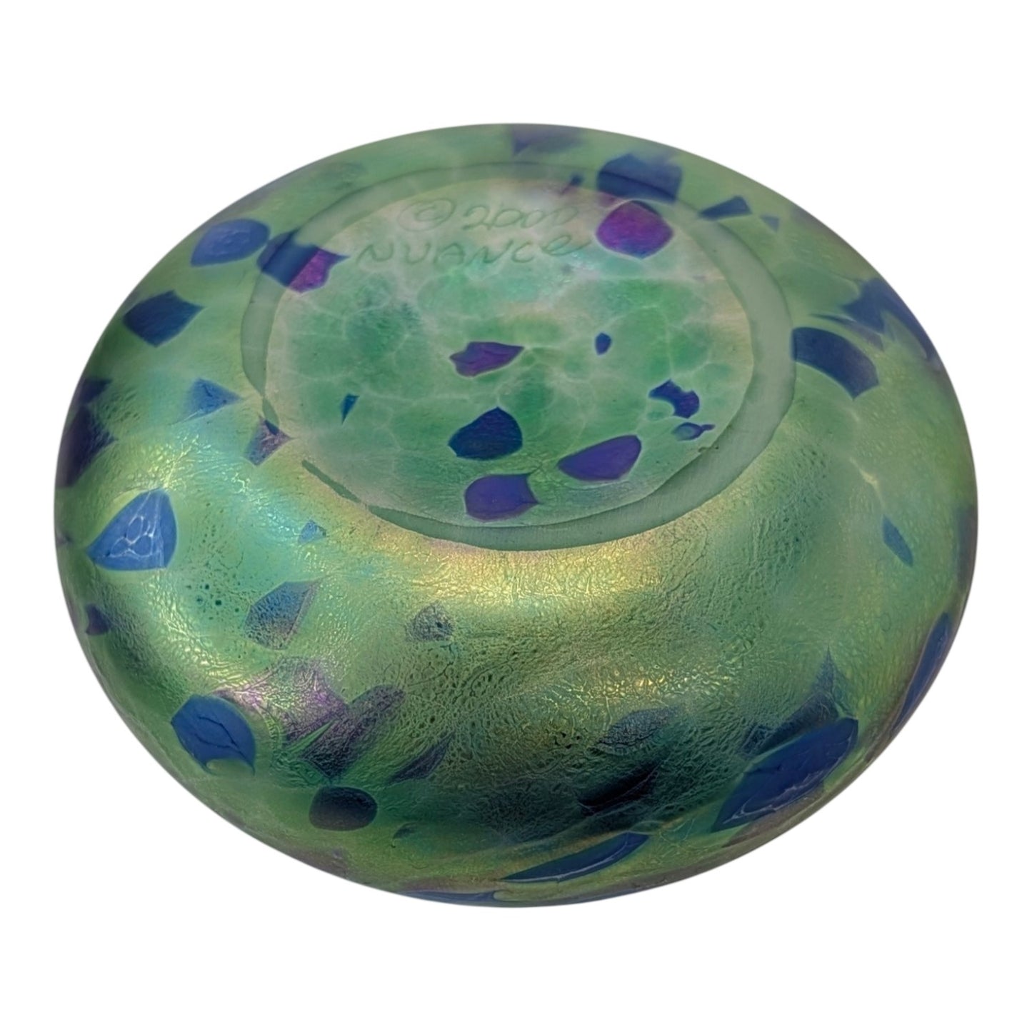 Signed NUANCE 2000 Studio Art Glass Vase Iridescent Green Purple Pulled Feather Robert Held