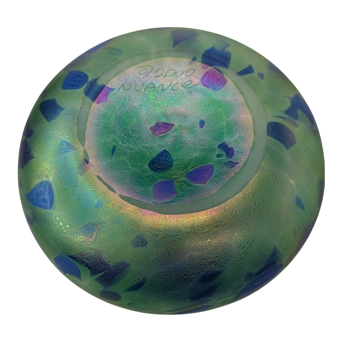 Signed NUANCE 2000 Studio Art Glass Vase Iridescent Green Purple Pulled Feather Robert Held