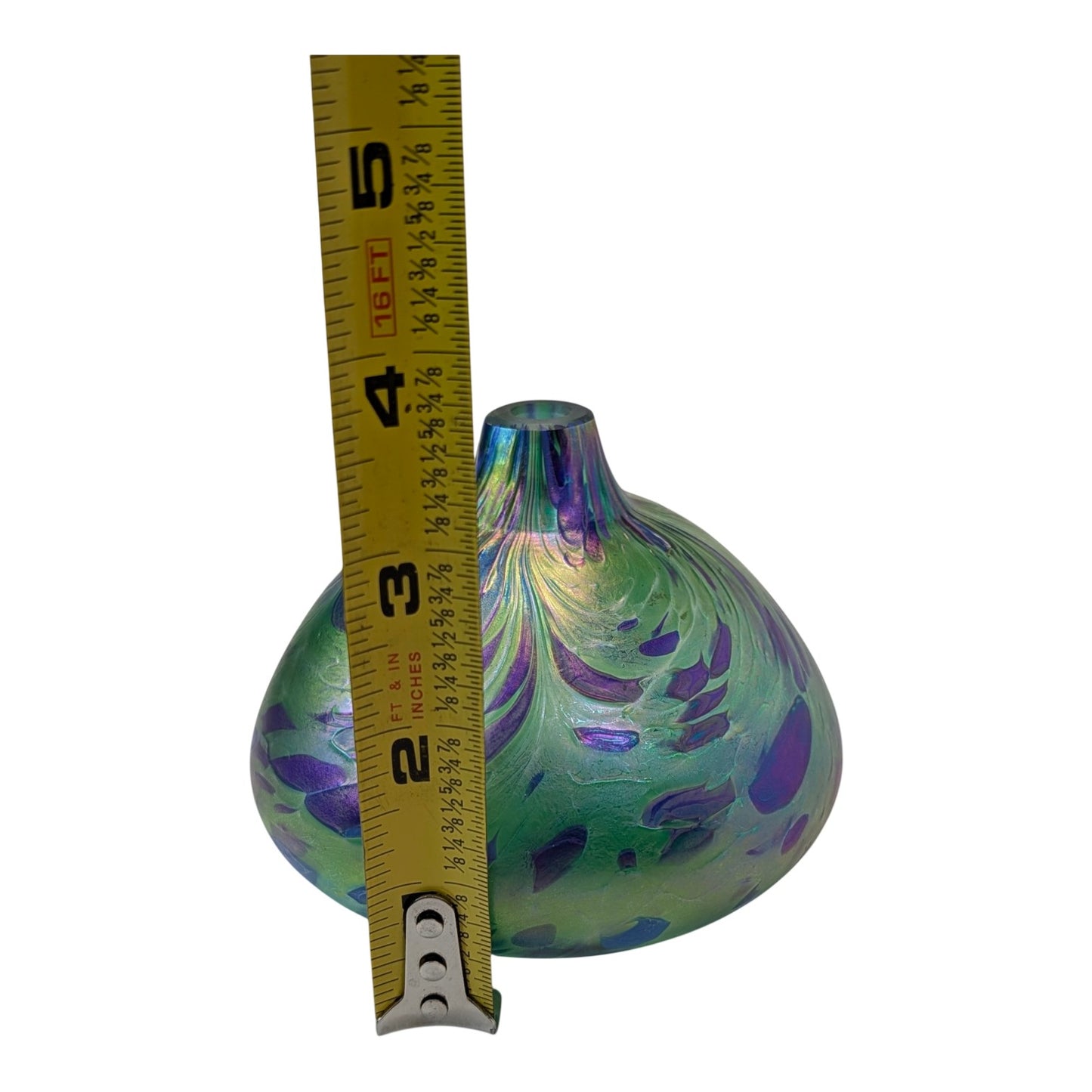 Signed NUANCE 2000 Studio Art Glass Vase Iridescent Green Purple Pulled Feather Robert Held