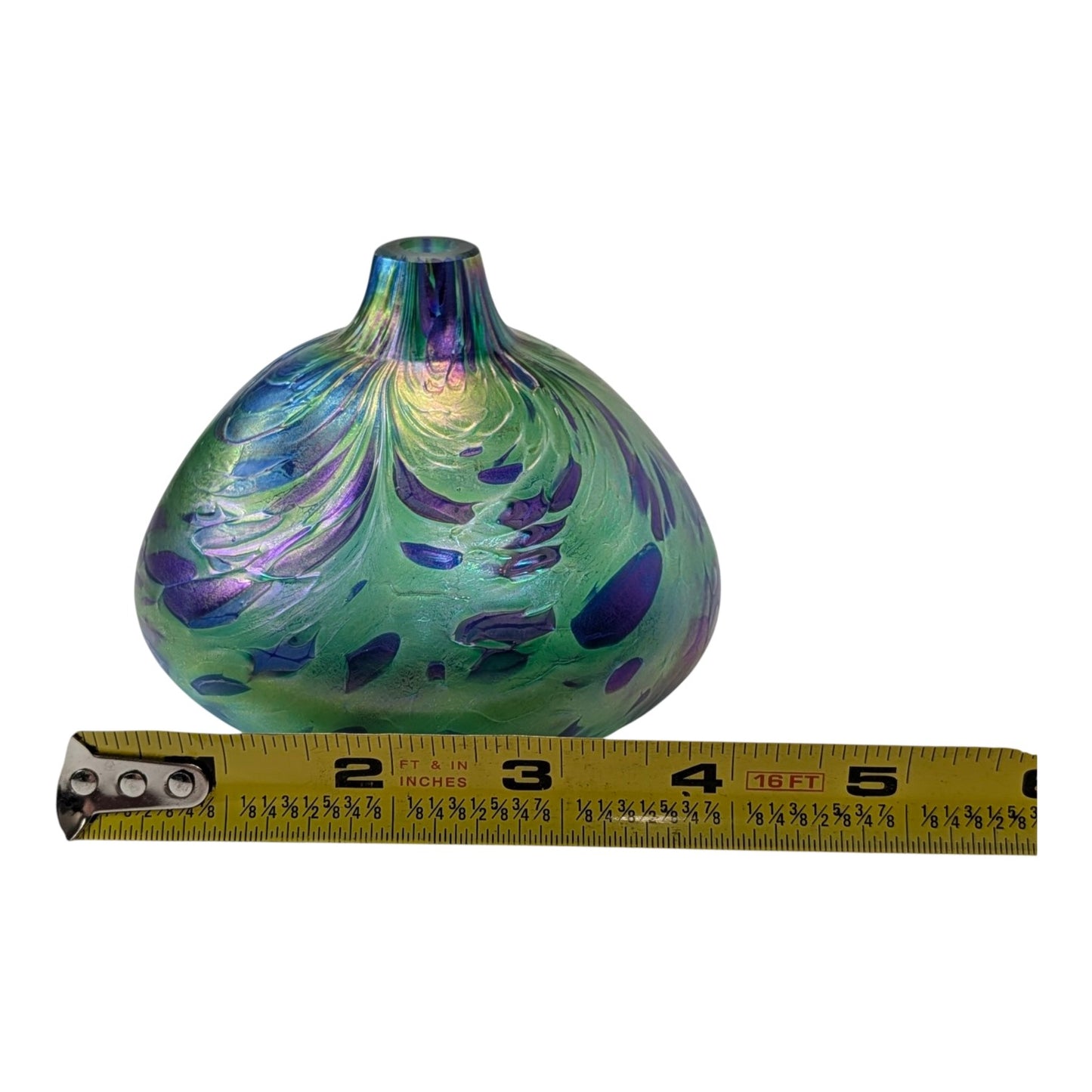Signed NUANCE 2000 Studio Art Glass Vase Iridescent Green Purple Pulled Feather Robert Held