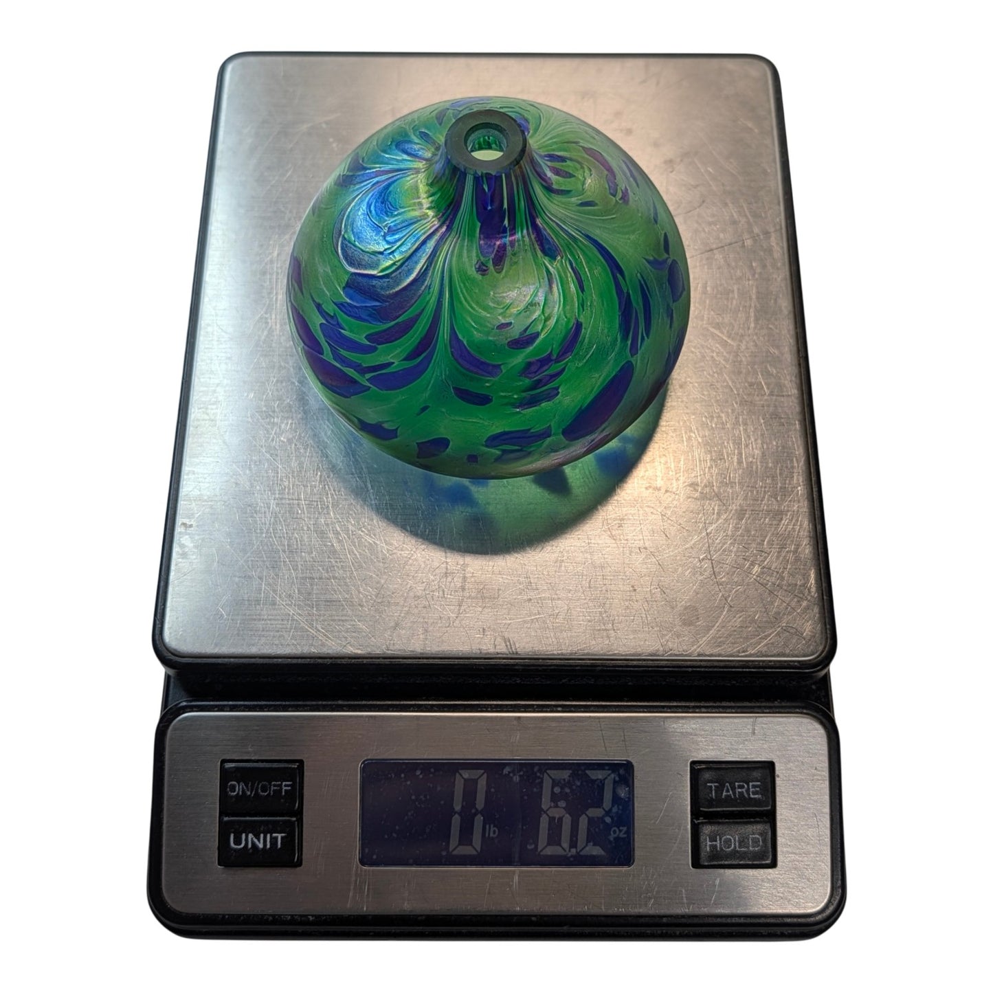 Signed NUANCE 2000 Studio Art Glass Vase Iridescent Green Purple Pulled Feather Robert Held