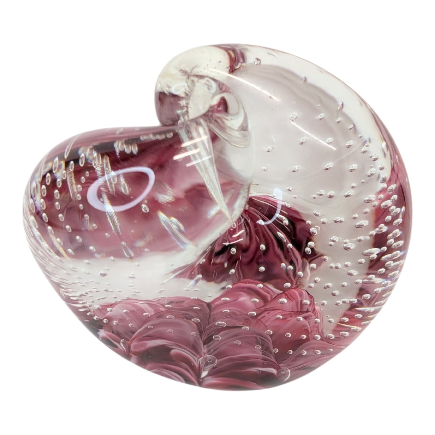 Vintage Art Glass Heart Paperweight Pink Swirl Controlled Bubble Hand Blown Signed