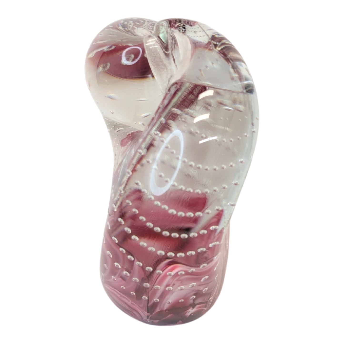 Vintage Art Glass Heart Paperweight Pink Swirl Controlled Bubble Hand Blown Signed