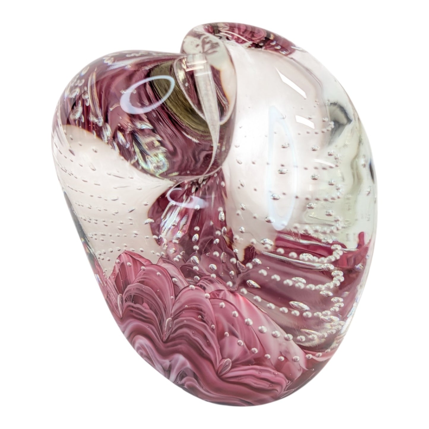 Vintage Art Glass Heart Paperweight Pink Swirl Controlled Bubble Hand Blown Signed