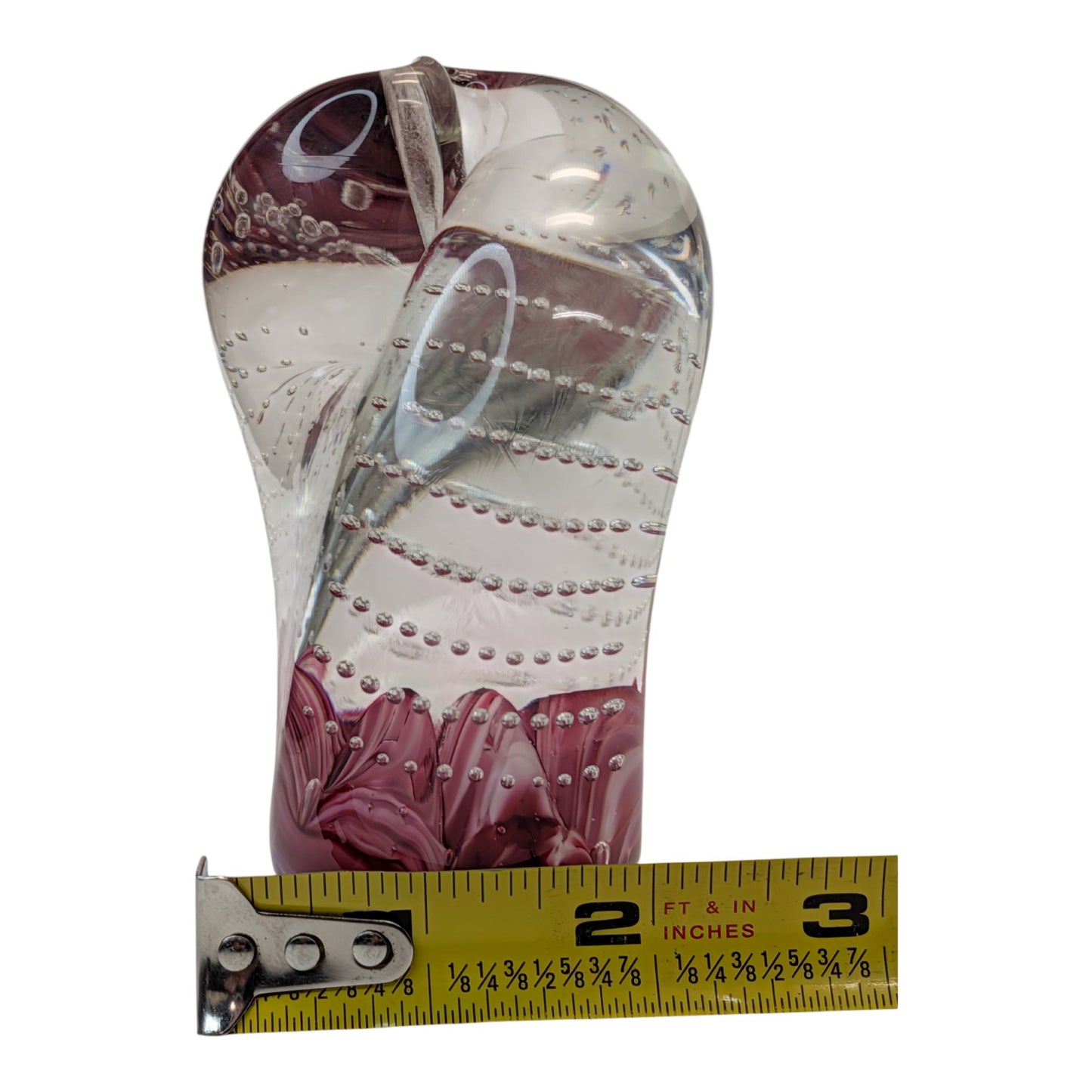 Vintage Art Glass Heart Paperweight Pink Swirl Controlled Bubble Hand Blown Signed
