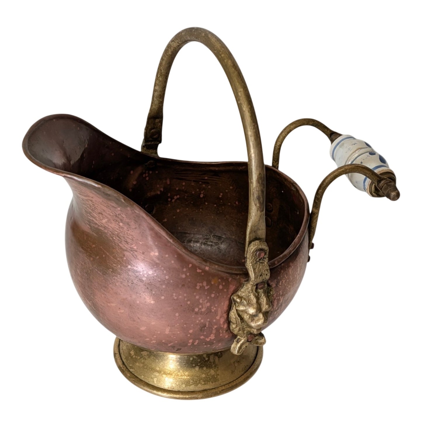 Antique Victorian Copper & Brass Coal Scuttle with Delft Ceramic Handle, Lion Head Mounts, Ornate Fireplace Mantle Decor
