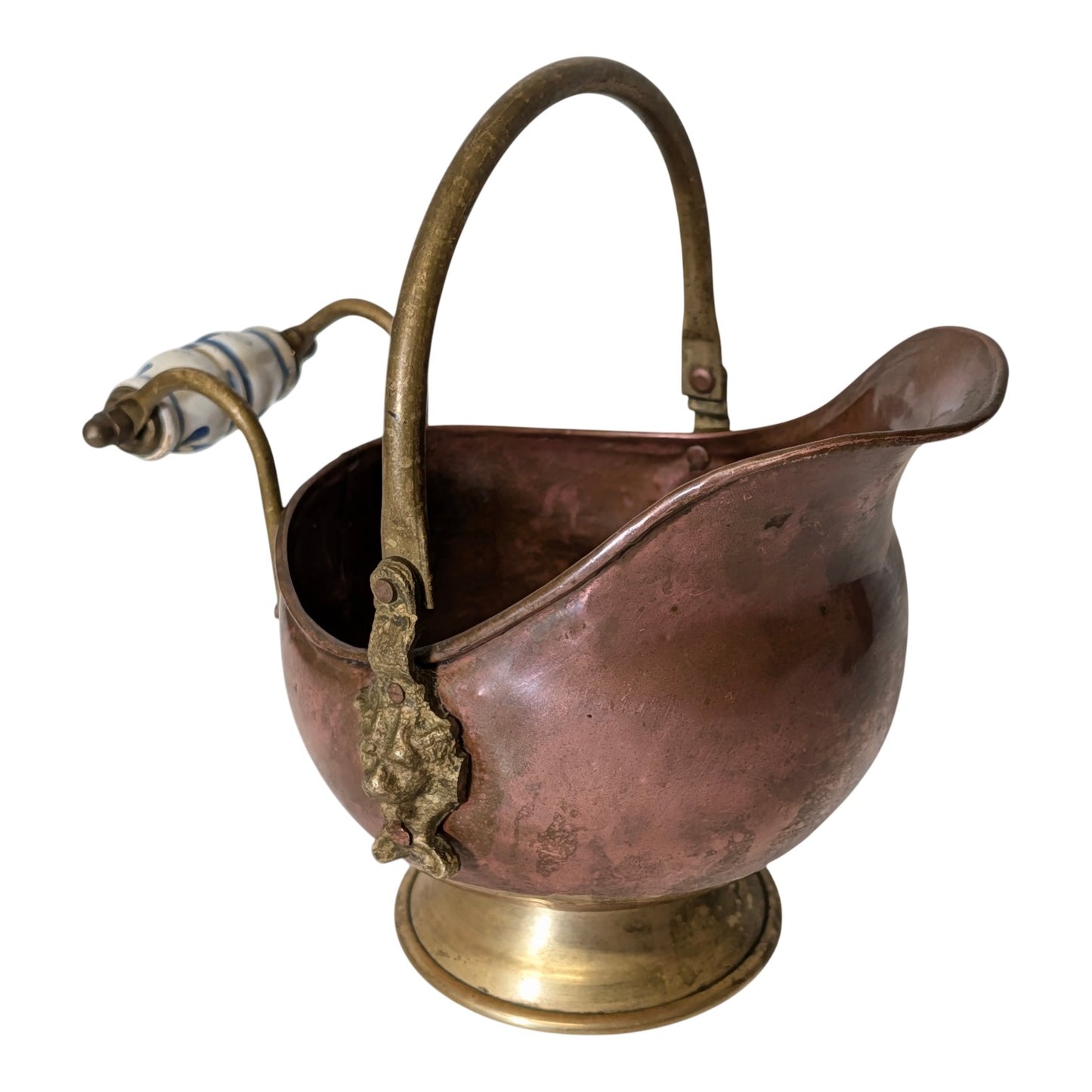 Antique Victorian Copper & Brass Coal Scuttle with Delft Ceramic Handle, Lion Head Mounts, Ornate Fireplace Mantle Decor