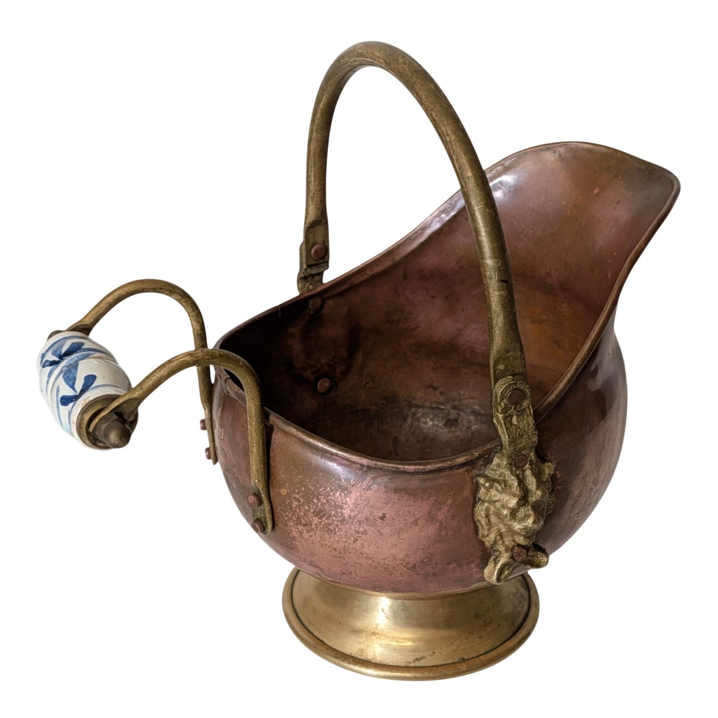 Antique Victorian Copper & Brass Coal Scuttle with Delft Ceramic Handle, Lion Head Mounts, Ornate Fireplace Mantle Decor