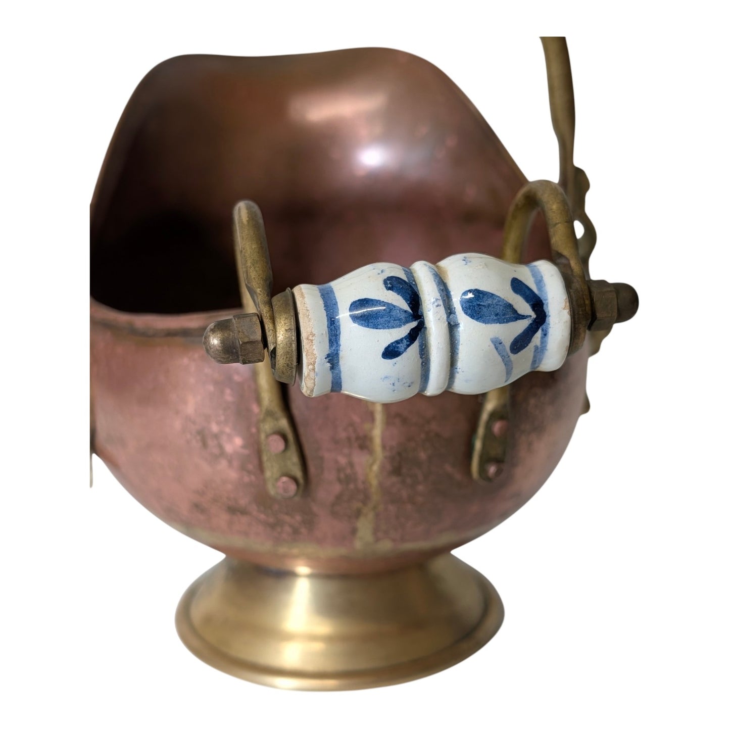 Antique Victorian Copper & Brass Coal Scuttle with Delft Ceramic Handle, Lion Head Mounts, Ornate Fireplace Mantle Decor