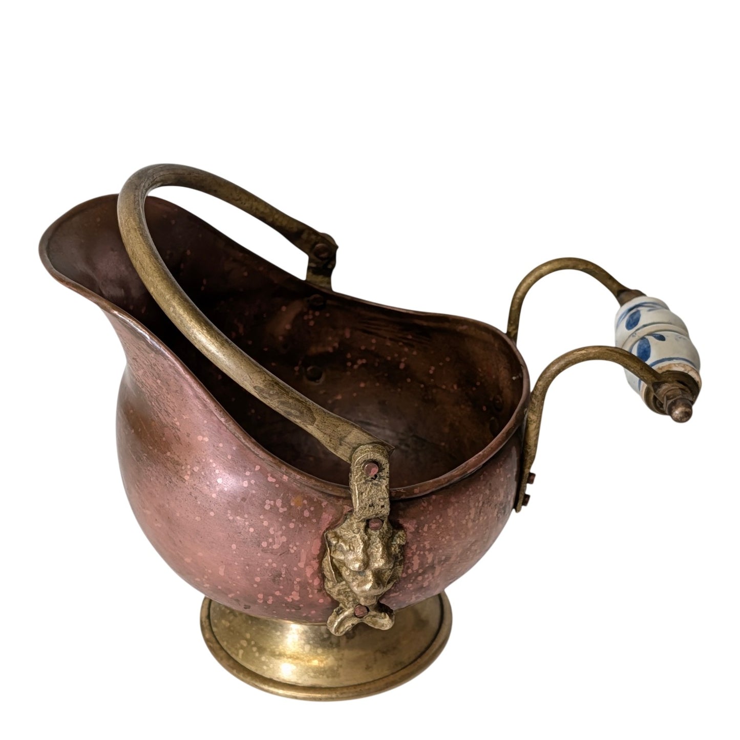 Antique Victorian Copper & Brass Coal Scuttle with Delft Ceramic Handle, Lion Head Mounts, Ornate Fireplace Mantle Decor