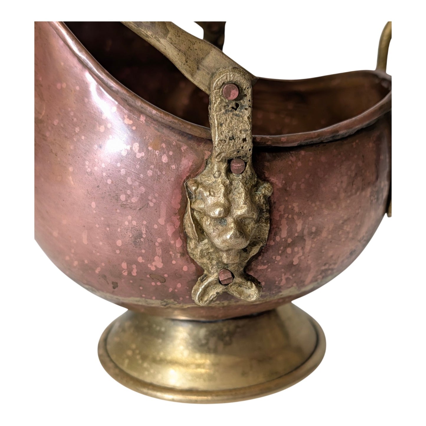Antique Victorian Copper & Brass Coal Scuttle with Delft Ceramic Handle, Lion Head Mounts, Ornate Fireplace Mantle Decor
